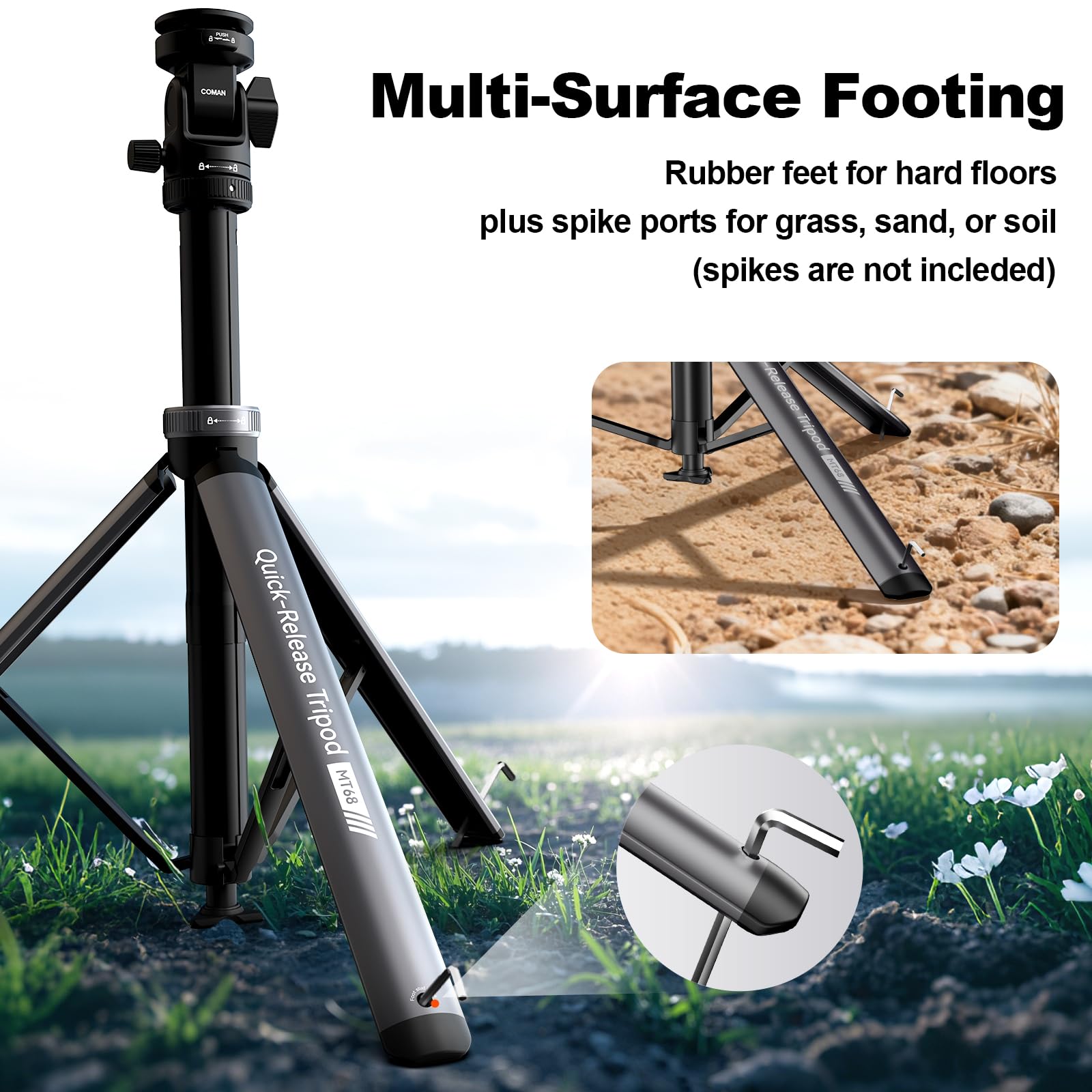 COMAN MT68 - Supporto per luce, apertura automatica, 211,8 cm, regolabile, portatile, per fotografia, treppiede per telefono con testa a sfera a sgancio rapido con vite da 1/4, adatto per Octabox
