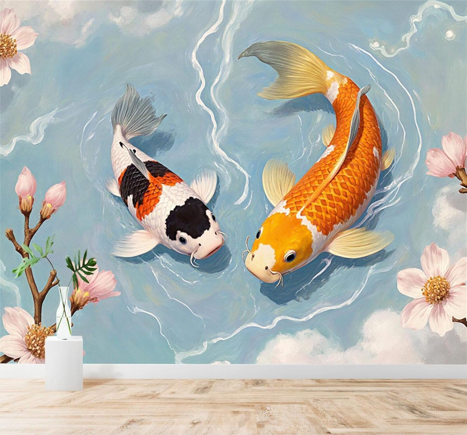 Xlming 400Cm×280Cm(B×H) Colourful Koi Blue Water Cherry Blossoms Clouds 3D Wallpaper Silky Texture Home Study Office Grey Dining Room Sofa Bedroom Living Room Tv Backdrop-400Cm×280Cm