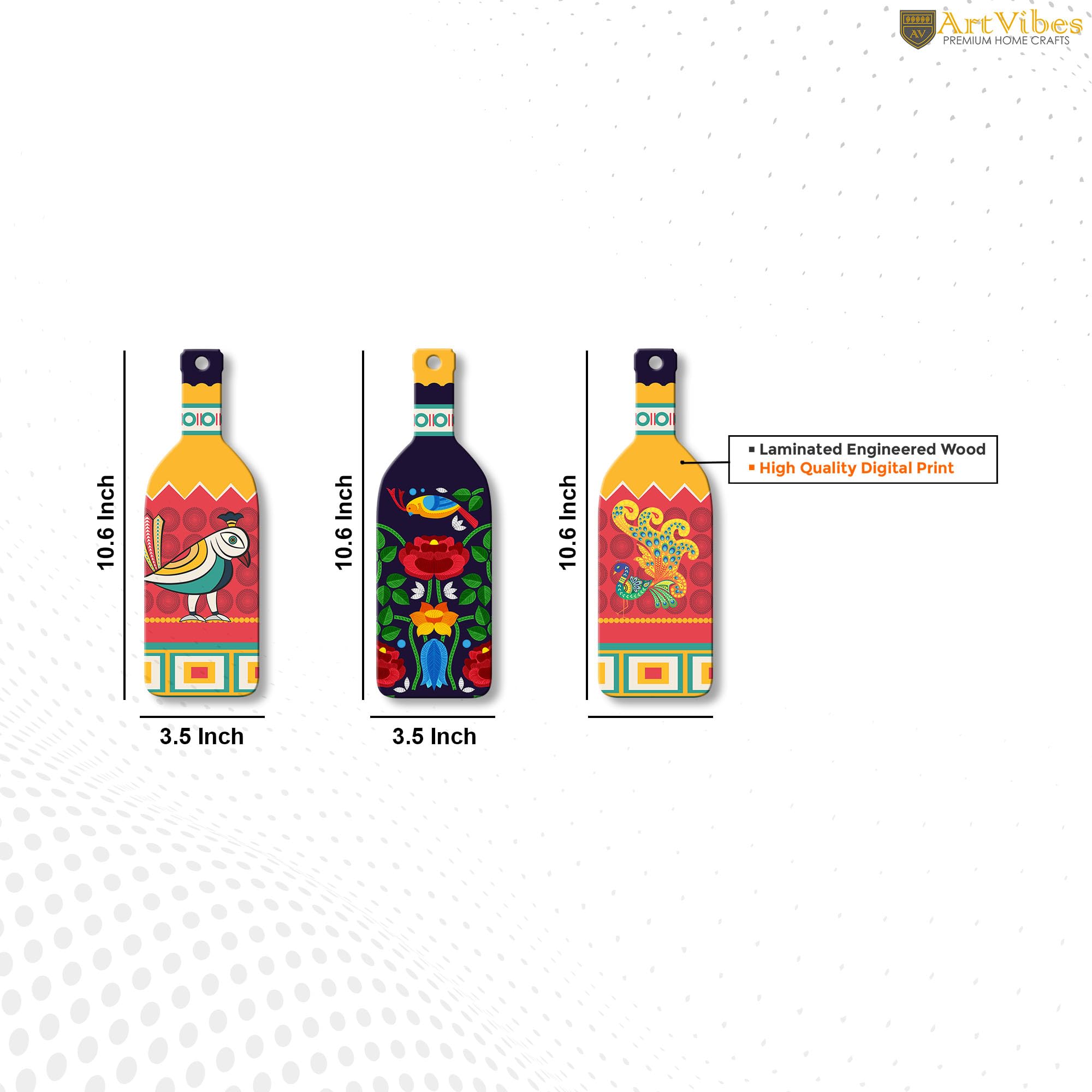 Artvibes Birds and Flower Clip Art Decor Bottle shaped Wooden Wall Hanging | Garden Balcony | Door Decoration Items | Wall Illustrations | Paintings For Wall | Unique Gift Items (WH_9512N), Set of 3 4