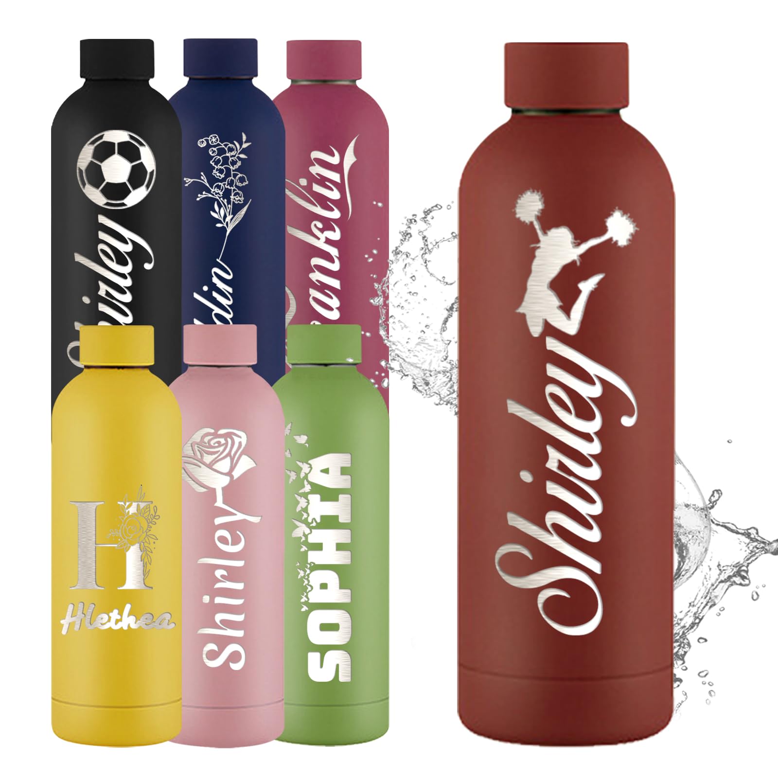 YoLLiEE Personalised Water Bottle with Name Custom Water Bottles Stainless Steel Engraved Insulated Sports Water Cup 16oz, Red Icon Style