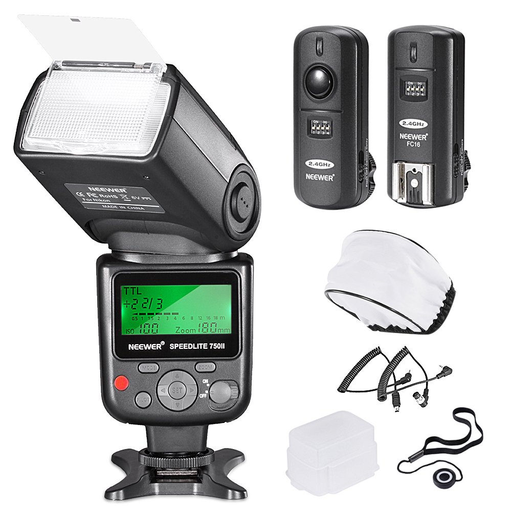 Neewer 750II TTL Flash Speedlite mounted on a Nikon DSLR camera