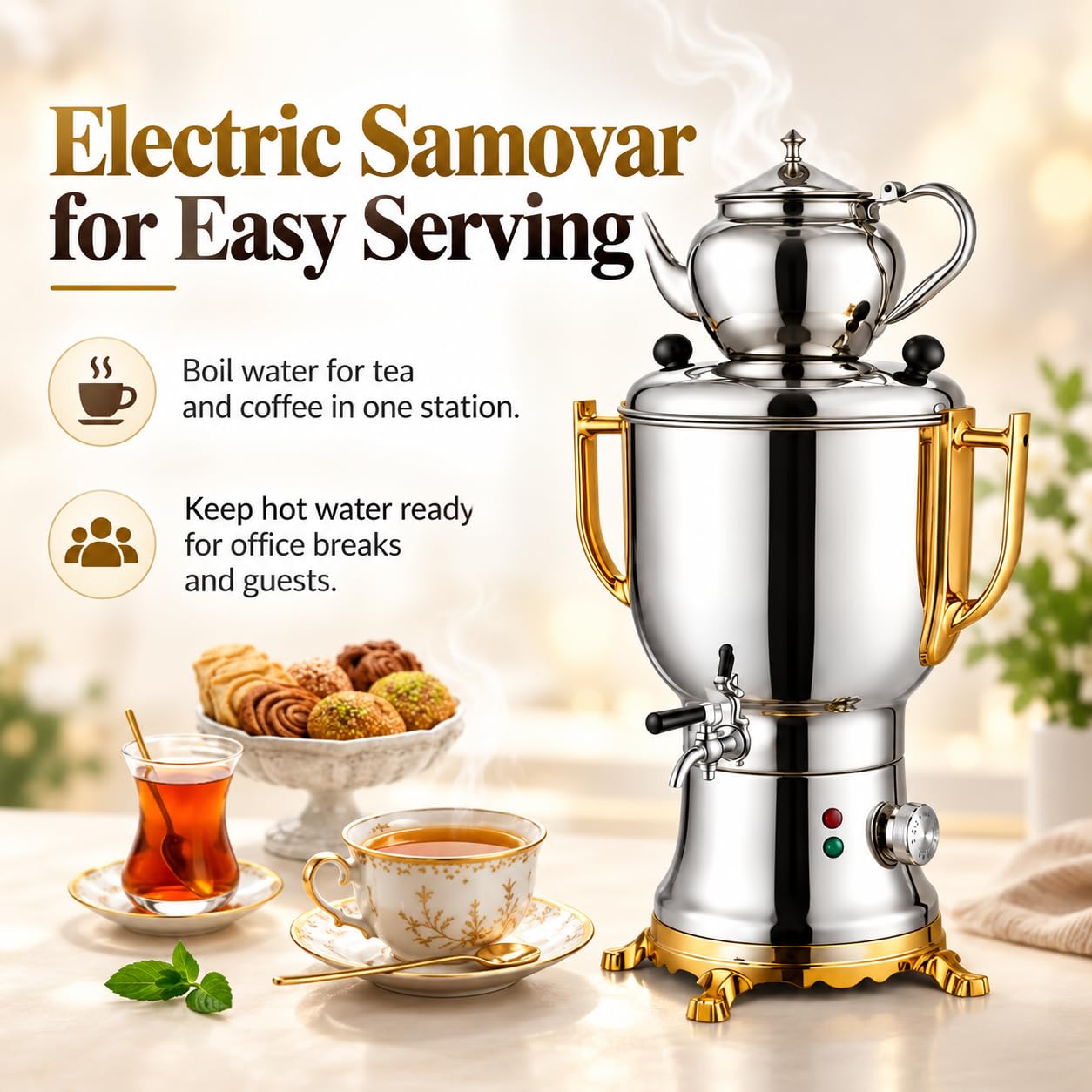 Samovar eléctrico, 4L + 1L, 1800W, mantenimiento automático del calor