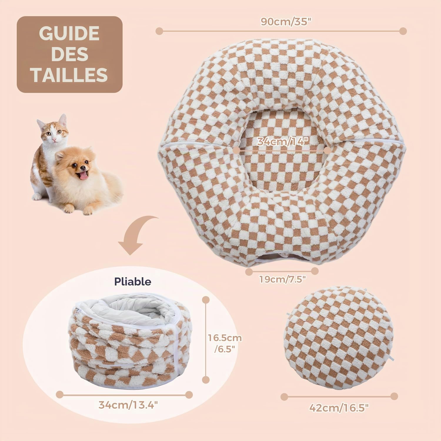 PAWZ Road Tunnel pour chat en peluche, 2 en 1, forme ronde, donut et lit pour chat, diamètre : 85 cm, marron