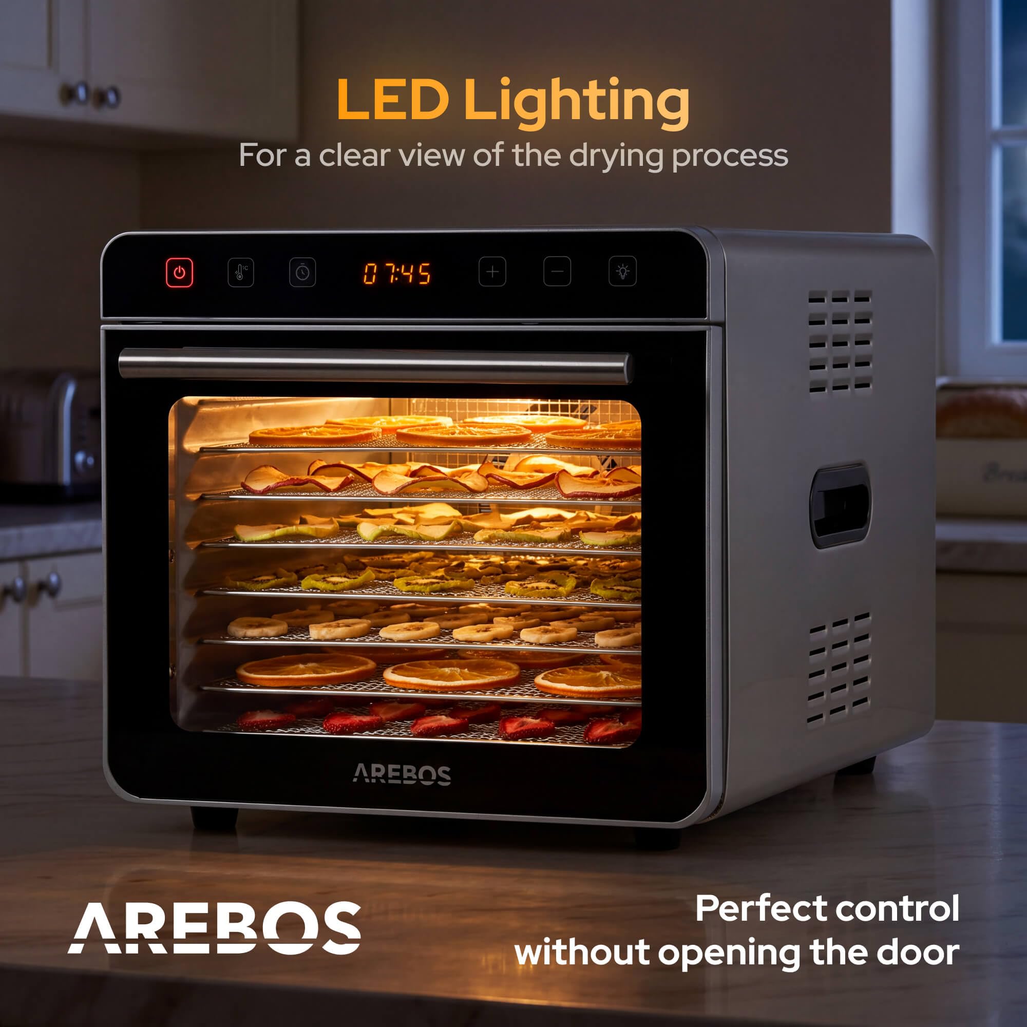 Arebos Deshidratador de Alimentos de Acero Inoxidable 700 W | 8 Bandejas de Acero Inoxidable | Capacidad 19 L | Pantalla Táctil, Luz LED, Temporizador 24 h, 35-85 °C | Fruta, Carne, Hierbas