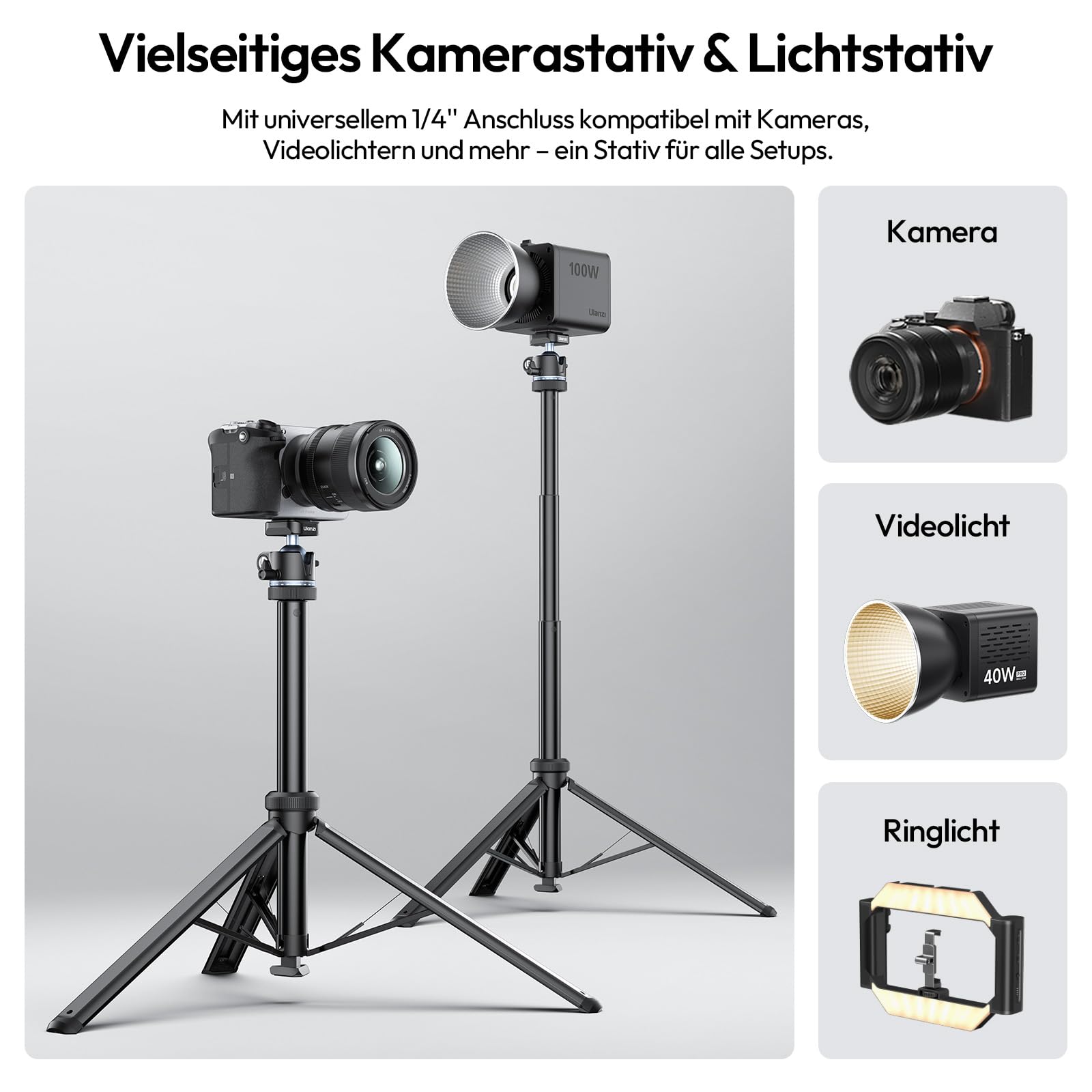 ULANZI MT93 Universelles 1/4'' Kamera Stativ Lichtstativ [Automatisch Ausklappend] 160cm Alu, Uka Schnellwechsel, 360° Kugelkopf, 5KG Traglast für Kamera, Licht, Livestream, Outdoor (Schwarz)