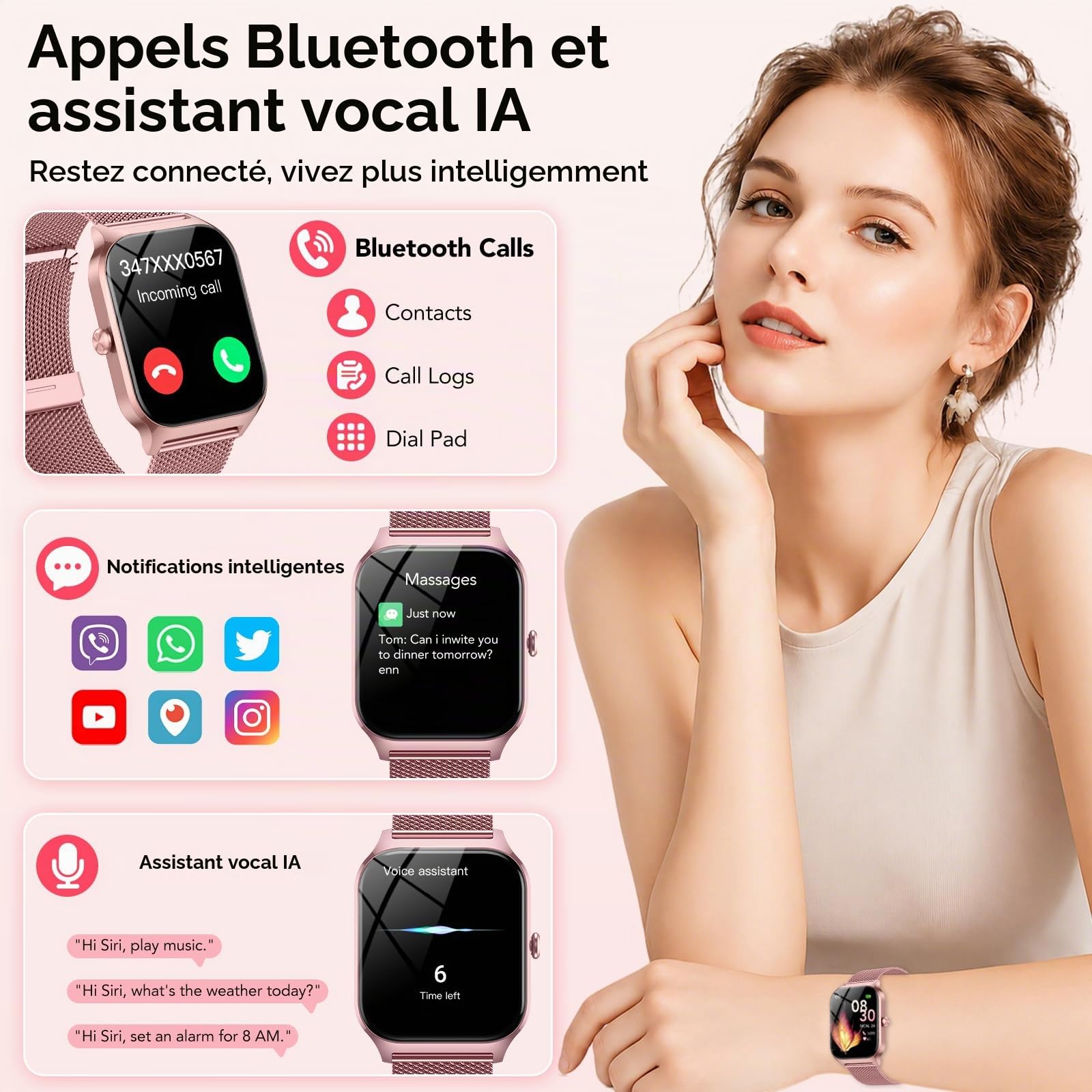 Montre Connectée Femme avec Appel Bluetooth,1.85"HD Smartwatch Femme avec Fréquence Cardiaque/Sommeil/SpO2, 120+ Modes Sportifs, IP68 Étanche Fitness Tracker, Montre pour Android iOS Rose Pêche