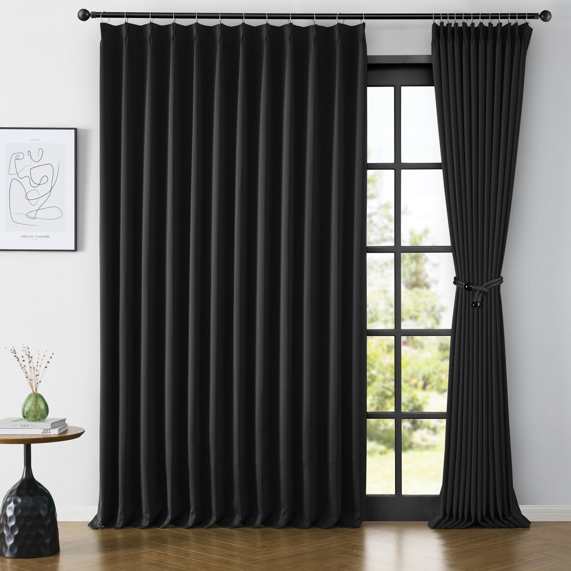 KEQIAOSUOCAI 80 Inch Wide Black Pinch Pleated Curtains 80 x 108, Thermal Insulated Noise Cancelling Living Room Office Drapes 108 Inches Long, Patio