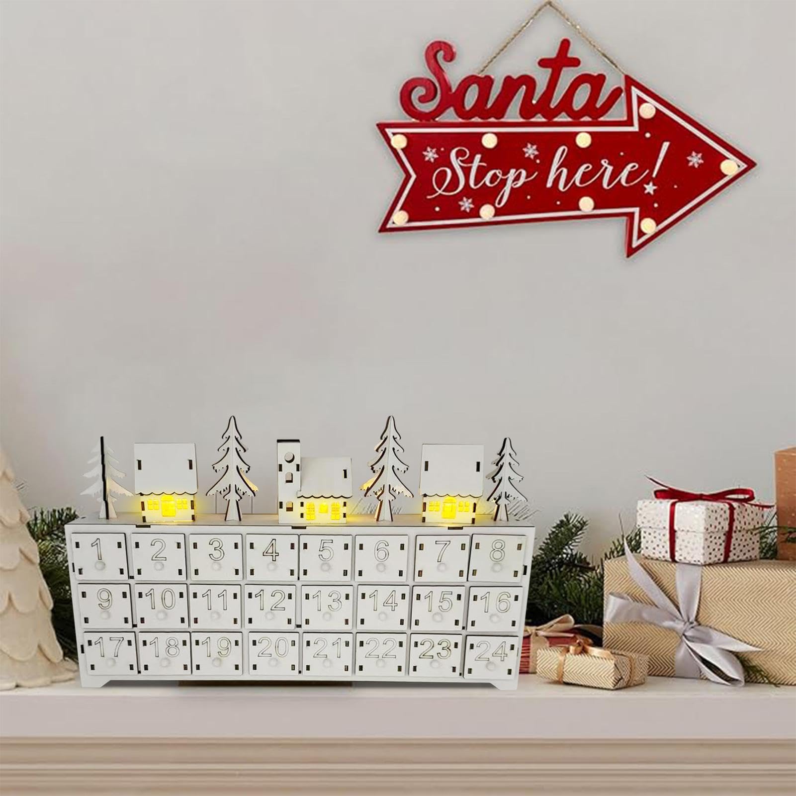 Calendario Adviento Navideño Madera Luces LED Cuenta Regresiva Adviento 24 | Decoración Mesa Letreros Mesa Rústicos Madera LED Reutilizables Cuenta Atrás Adviento Decoración