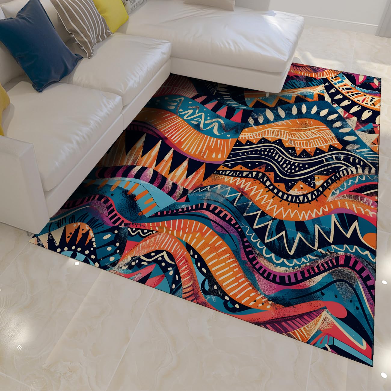 Tapis 120x150cm abstrait coloré bohème lavable et petite carpette salon