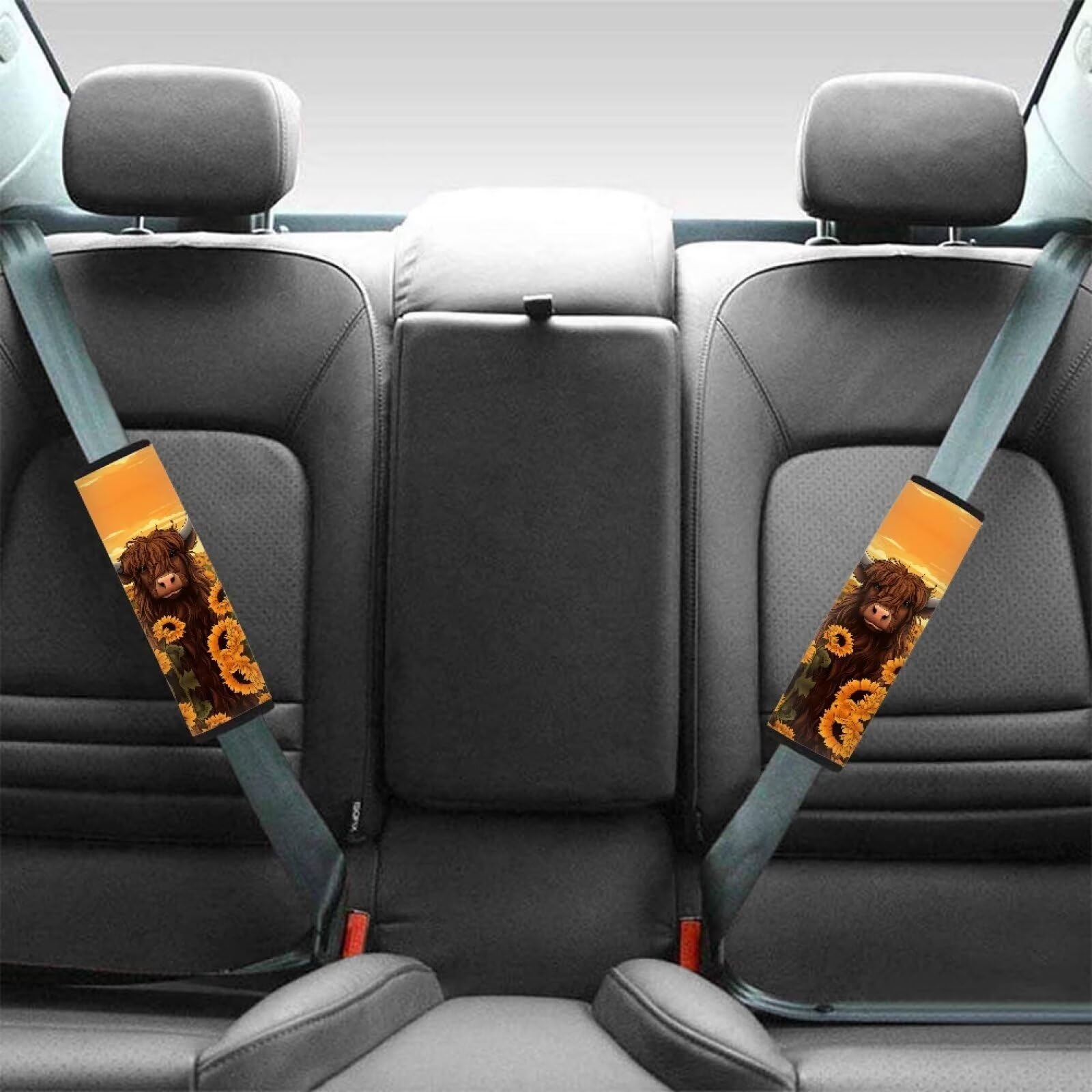 Showudesigns Highland Cow Sunflower Car Seat Belt Covers for Kids Adults Universal Fit Seatbelt Strap Cover Backpack Harness Pads Animal Cattle Flower Car Seatbelt Covers — view 2