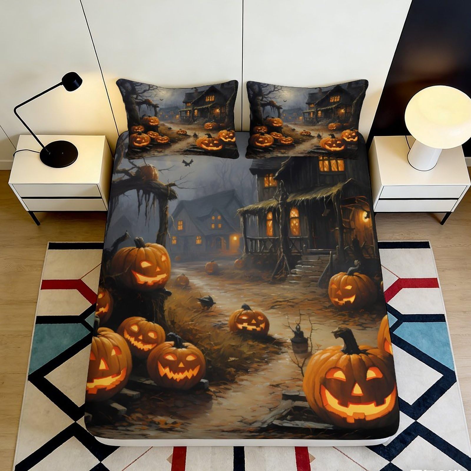3D Printed Halloween Pumpkin Fitted Sheet Microfiber Soft Breathable Haunted House Mattress Cover for Bedroom Dorm Decor 90x200x25cm