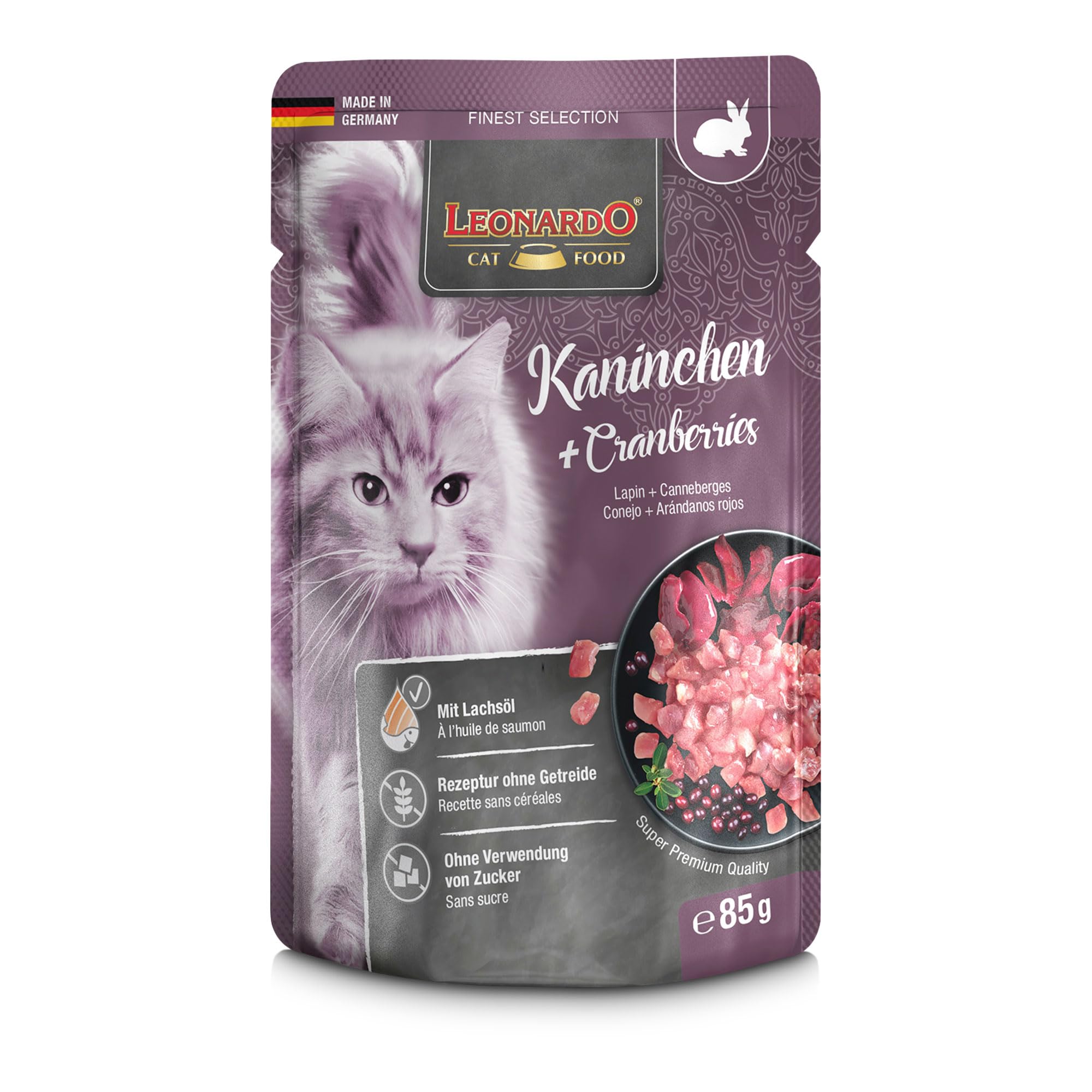 LEONARDO Katzenfutter nass Kaninchen & Cranberries, 2X 16 Beutel à 85 g, Finest Selection, Nassfutter für ausgewachsene Katzen ohne Zucker und Getreide, bei Futterunverträglichkeiten