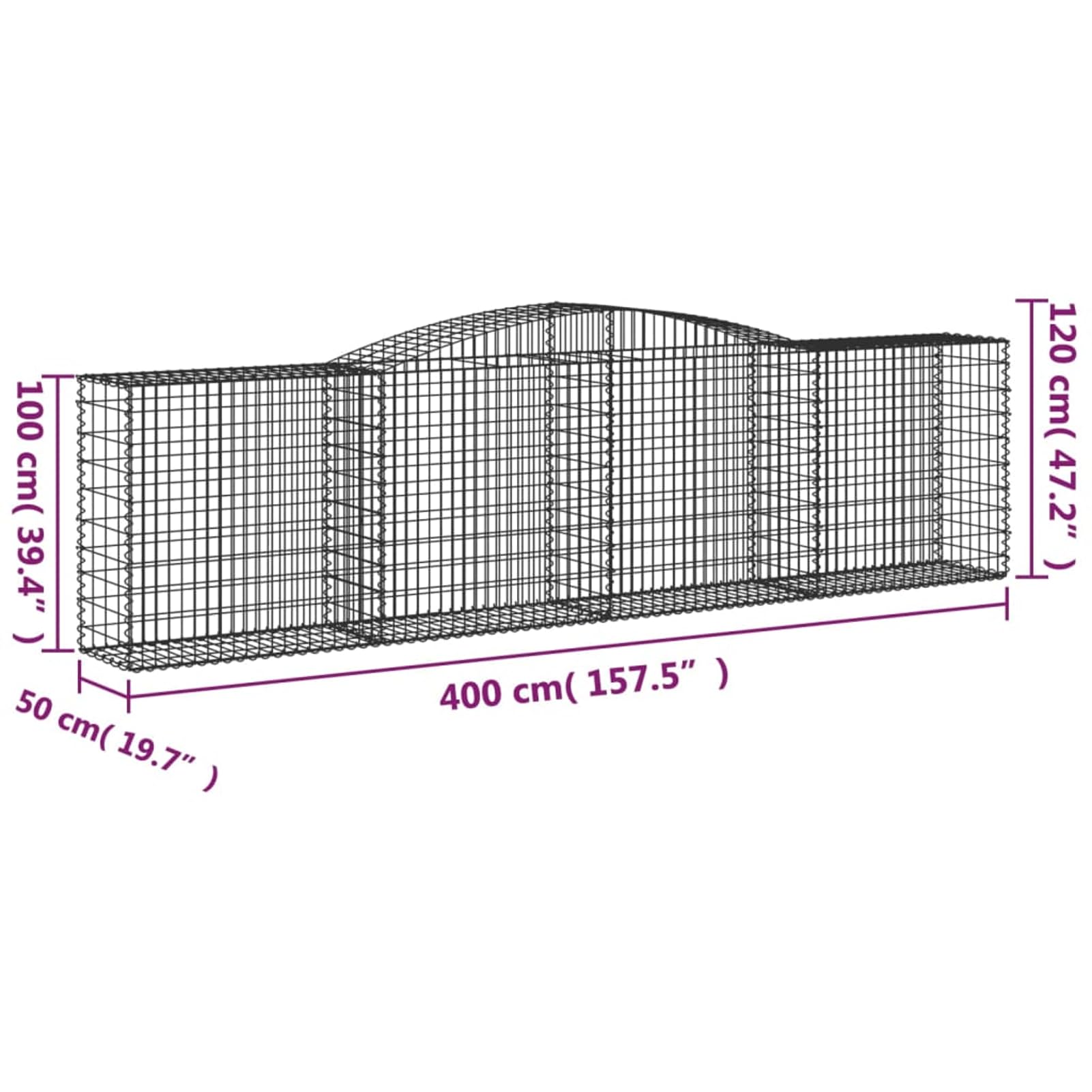 Gabione mit Hochbogen 25er Set Verzinkt 400x50x120cm