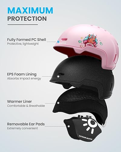 Miniatura 2 de OutdoorMaster Juego de casco y lentes de esquí para niños, casco de snowboard, carcasa de policarbonato duradera y espuma EPS, casco de nieve con 12