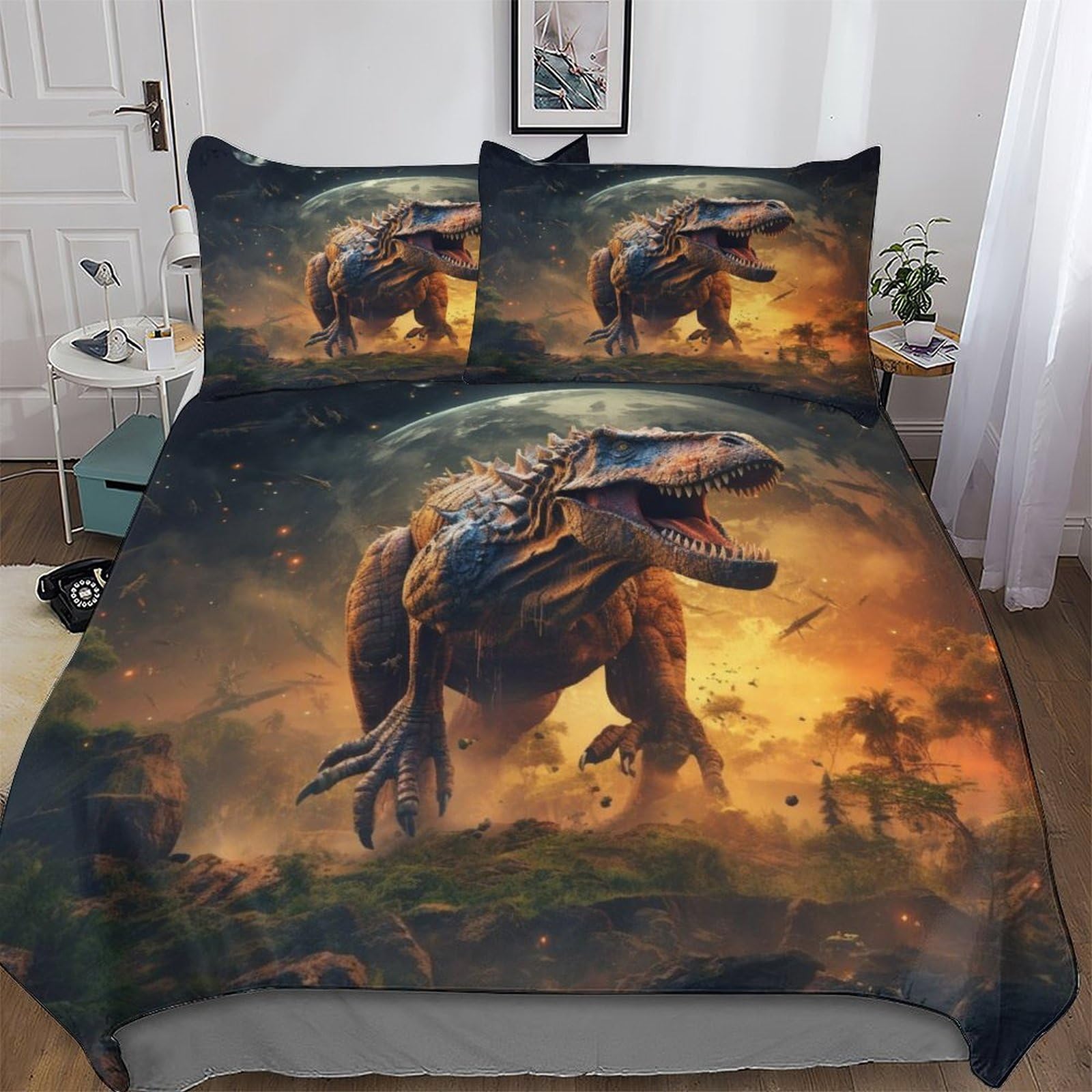 Dinosaur Duvet Cover Set Microfibre Soft Quilt Covers 3 Pieces Hotel Quality Bedding Comforter Cover with Pillowcase For Boys, Girls And Teenagers Double (200x200cm)