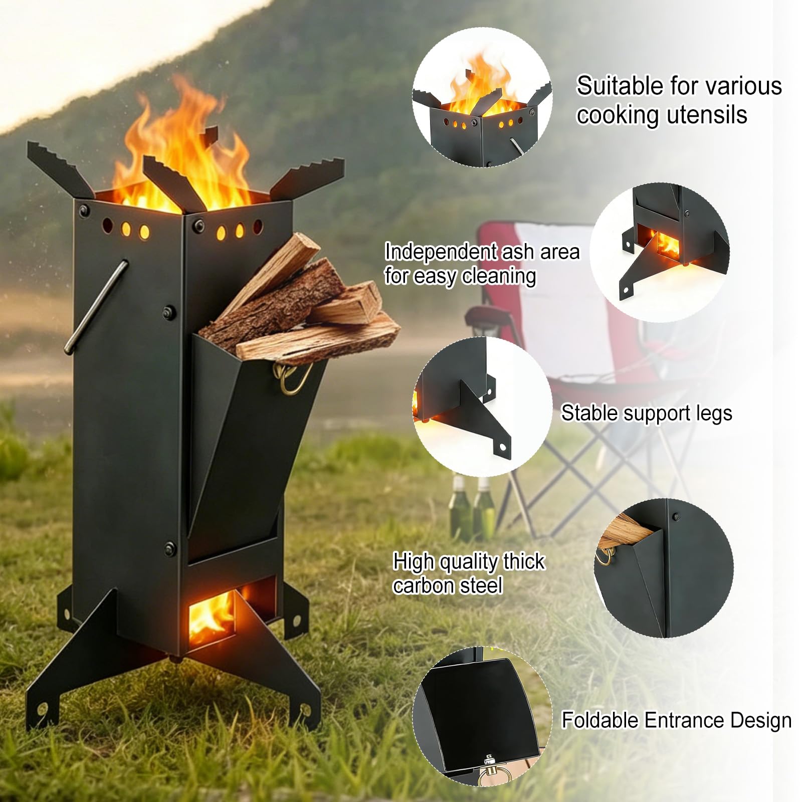 Stufa a razzo per barbecue, forno a legna a razzo, in acciaio pressofuso, con borsa per il trasporto | Stufa a razzo per barbecue, per cucinare, cortile, campeggio, barbecue, eventi all'aperto, barbecue