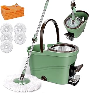 Mop and Bucket with Wringer Set, Spin Mops with Bucket and Foot Pedal, 360 Spinning Mop with 57'' Adjustable Handle, Microfiber Mops for Floor Cleaning, with 5 Washable Mop Head Refill & 5 Cloths
