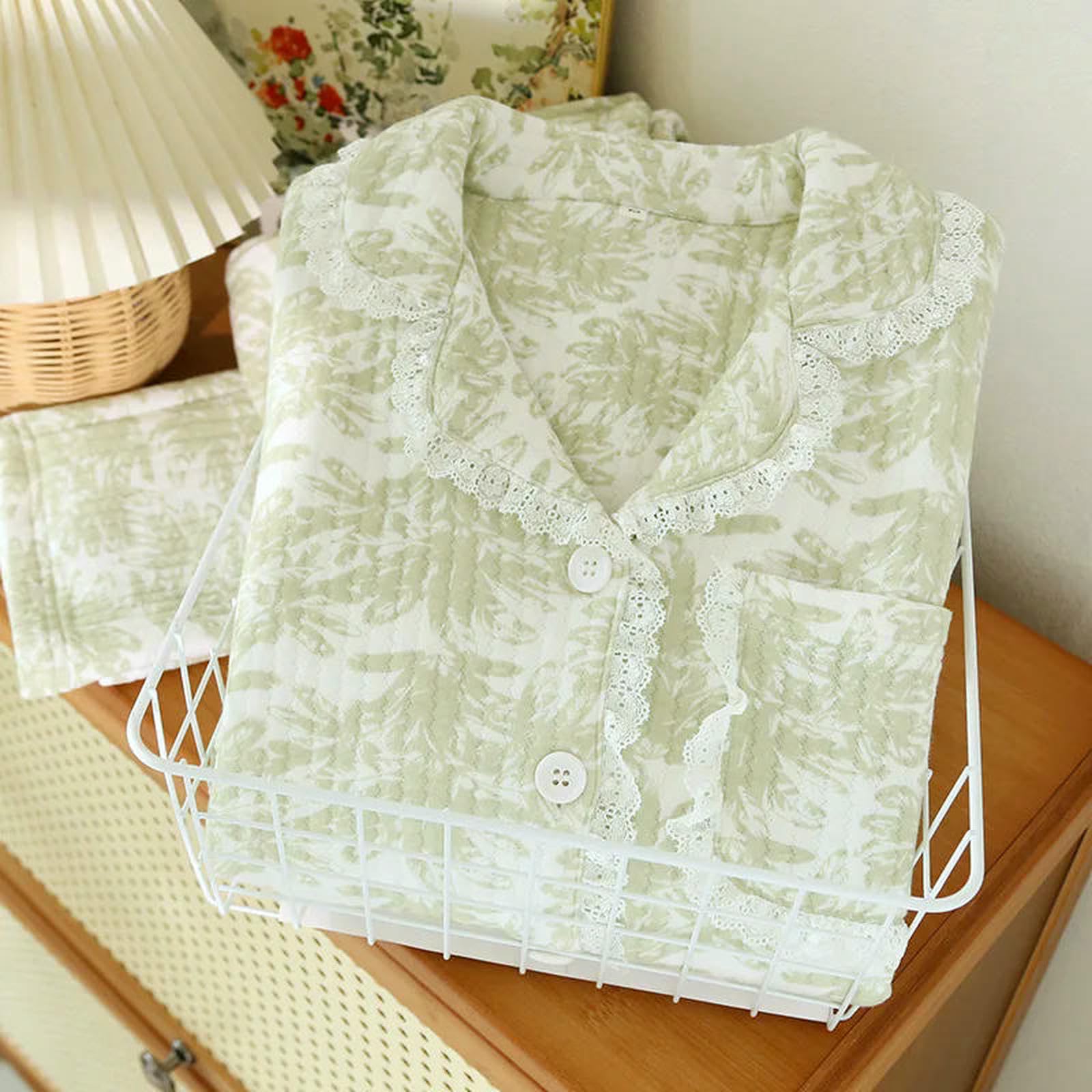 Pigiama Set di Pigiami Fresco Invernali Dolci Inverno Le Donne Mantengono Caldi Pizzo Verde Abbigliamento A Maniche Lunghe Trapunte -Verde Erba-XL 65-72kg