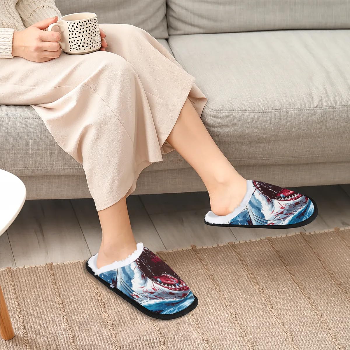 Hsnar Shark Attack Non Slip House Slippers for Women Indoor Slippers for Men Soft House Shoes Spa Slippers, L