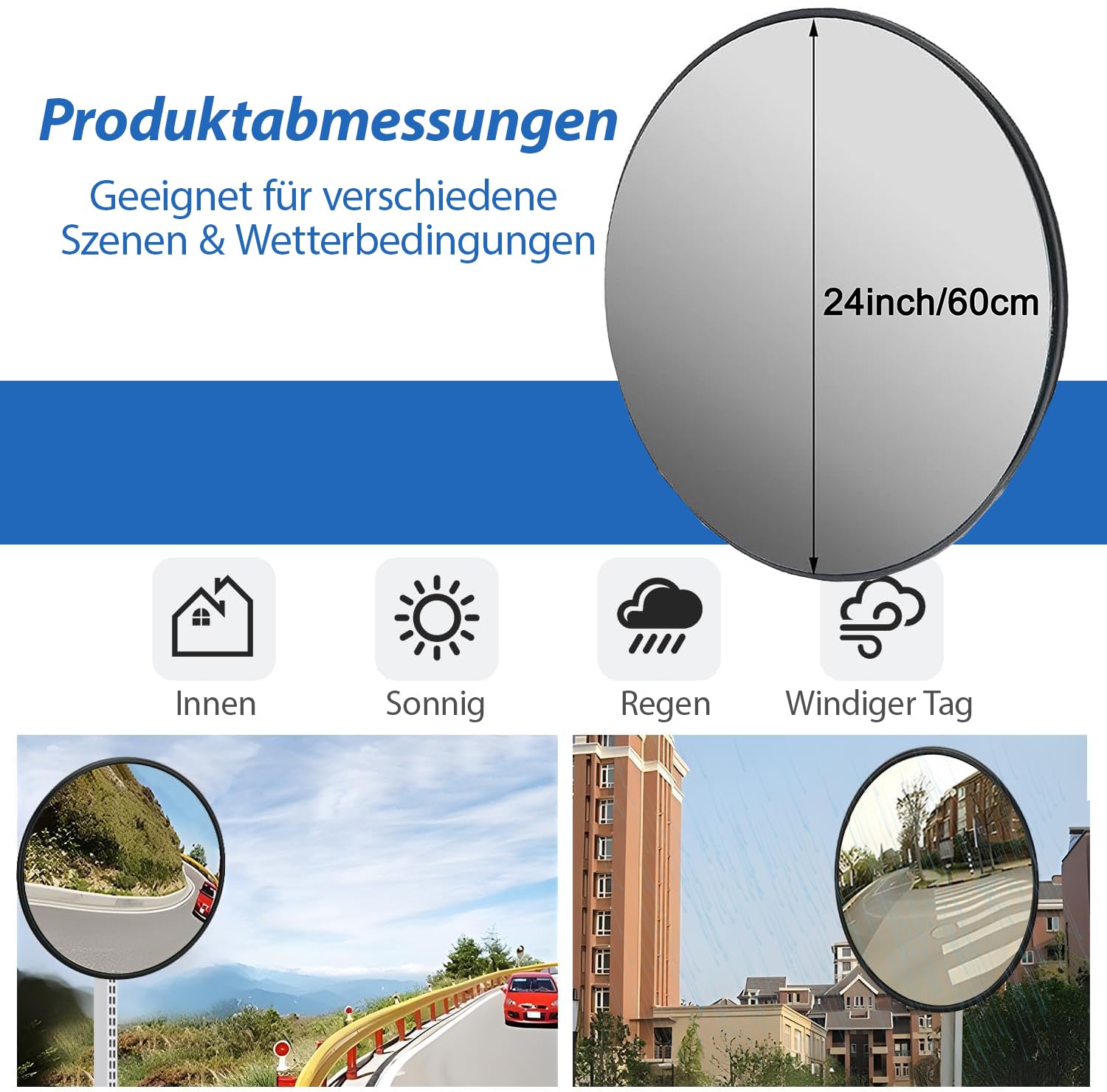 60 cm Konvexspiegel Schwarz – Verstellbarer Verkehrsspiegel für Innen- & Außenbereich – Weitwinkel Acrylspiegel für Garage, Einfahrt, Straße, Lager & Büro (60cm-Schwarz)