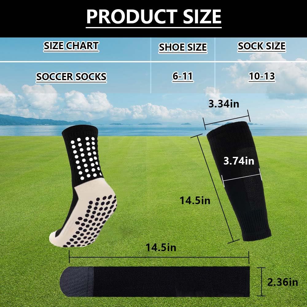 2 pares de calcetines de fútbol con agarre para hombre, 2 pares de espinilleras con 1 paquete de espinilleras y 4 correas de espinilla, juego de fútbol de 9 piezas (negro)