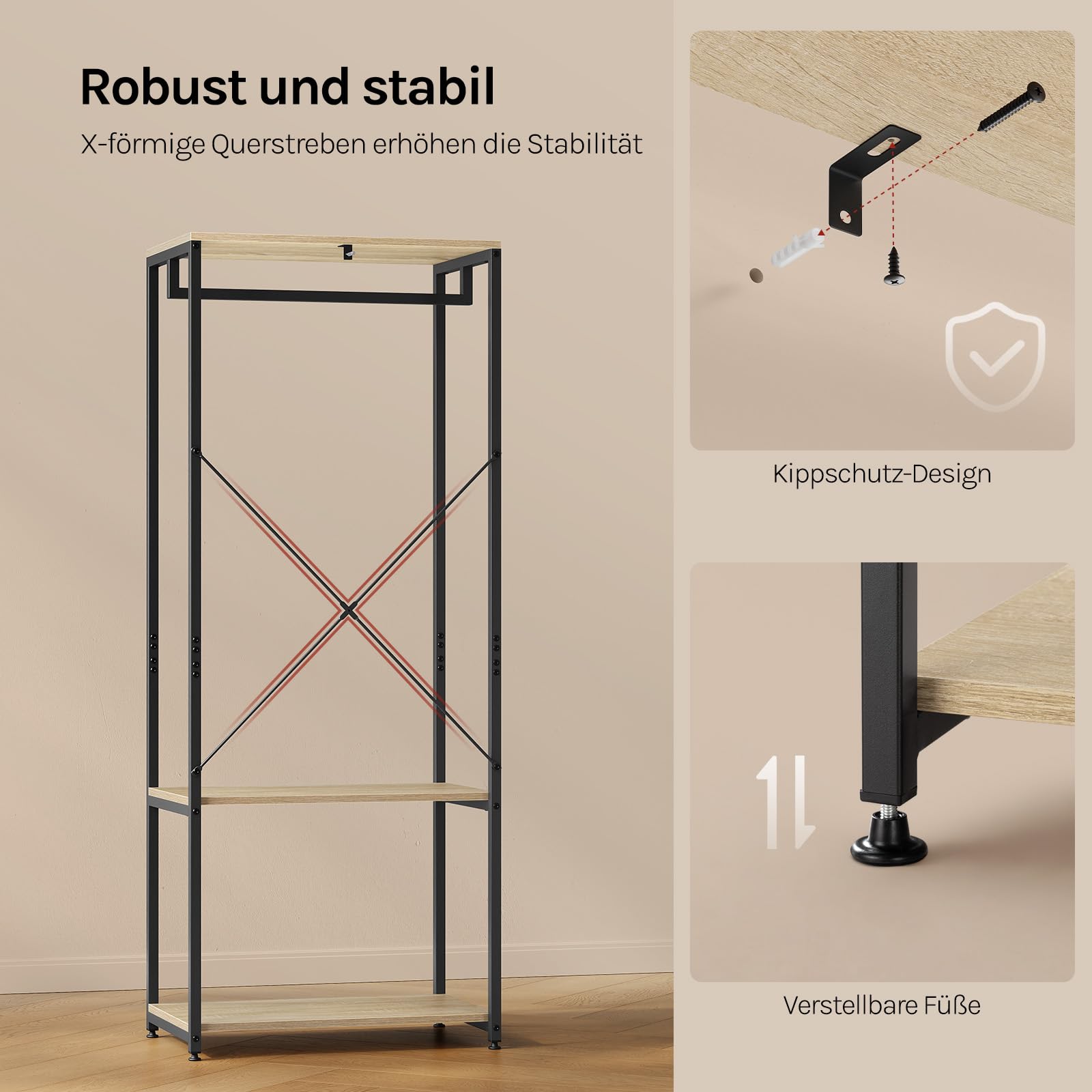 WOLTU Wieszak na ubrania, regał wiszący, drążek na ubrania z regałem na buty, do sypialni, stojak garderobę, metalowy i drewno, czarny + jasny dąb, ok. 60 x 40 x 167 cm