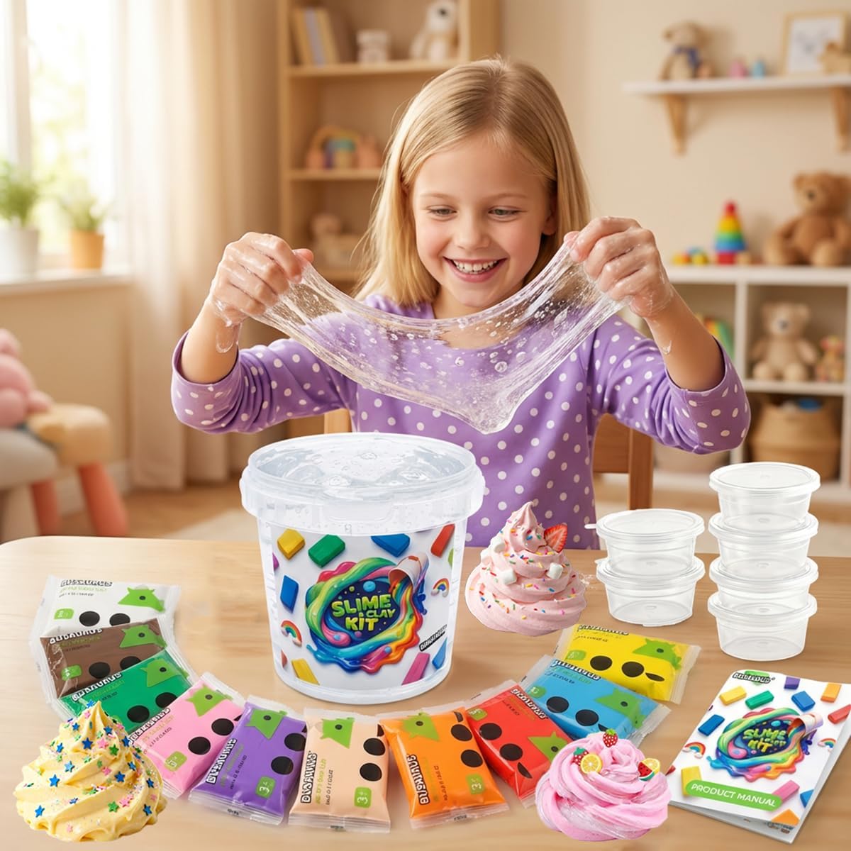 Clear Slime and Foam Clay Kit for Kids, 17 Fl Oz Premade Clear Slime with 10 Color Foam Clay, Charms, Sprinkles and 5 Storage Containers, DIY Butter Slime Craft Toy for Girls and Boys