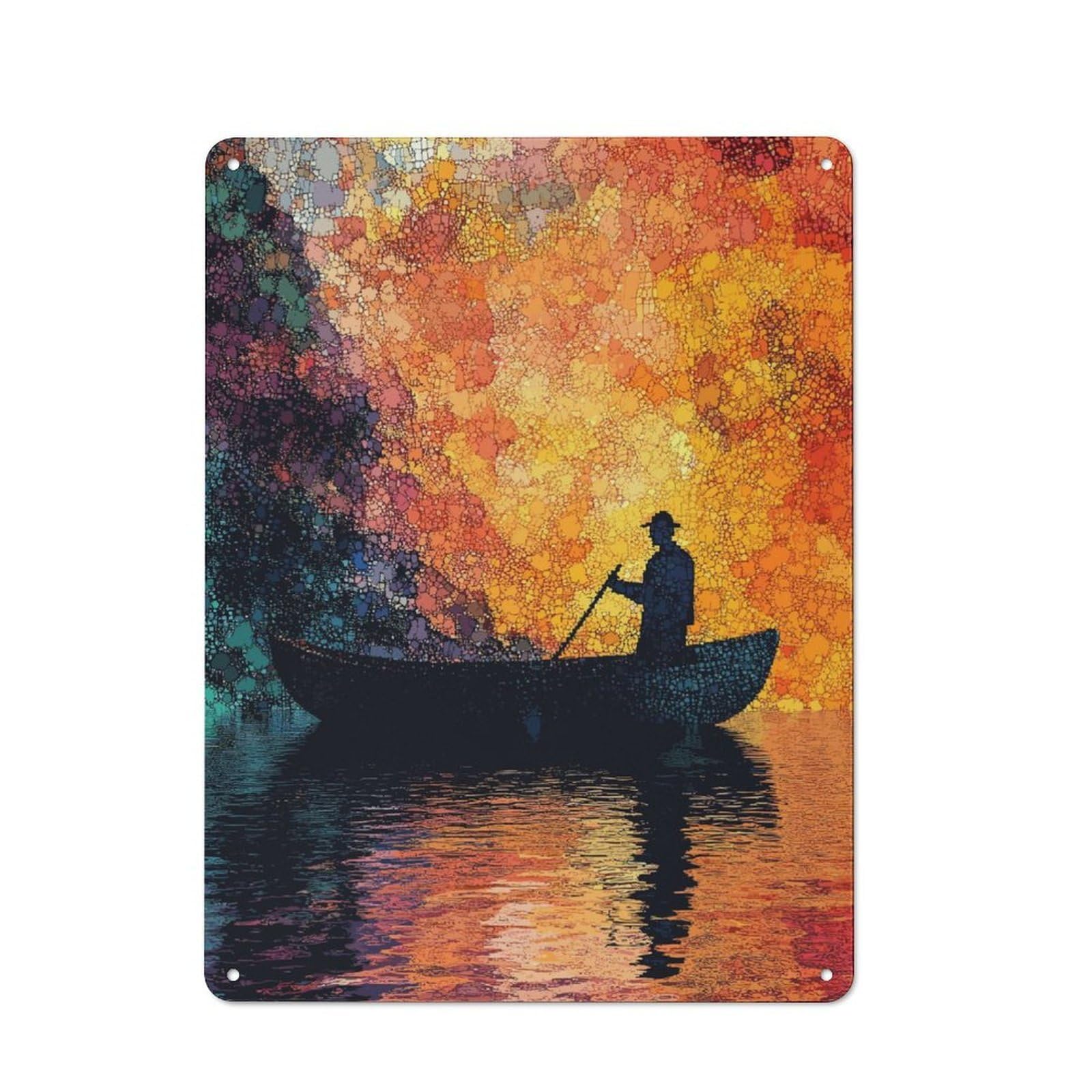 Junmoney Silhouette Rowing At Sunset Rustic Metal Plaque 40X30cm For Lounge Or Reading Corner, For Home Office, Studio And Craft Room Walls