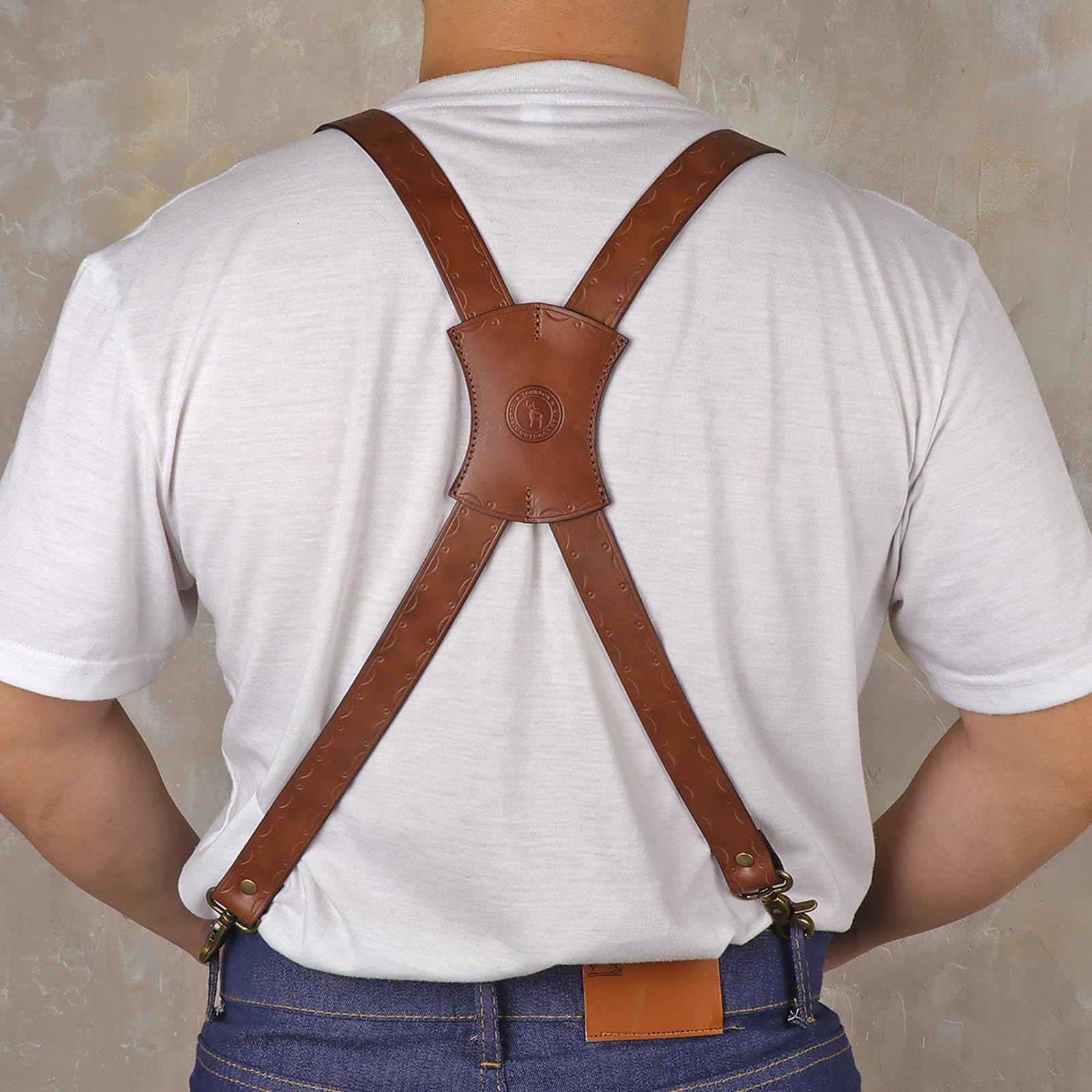 TOURBON - Tirantes resistentes de piel auténtica para hombre, tirantes ajustables en forma de X de 1 pulgada de ancho