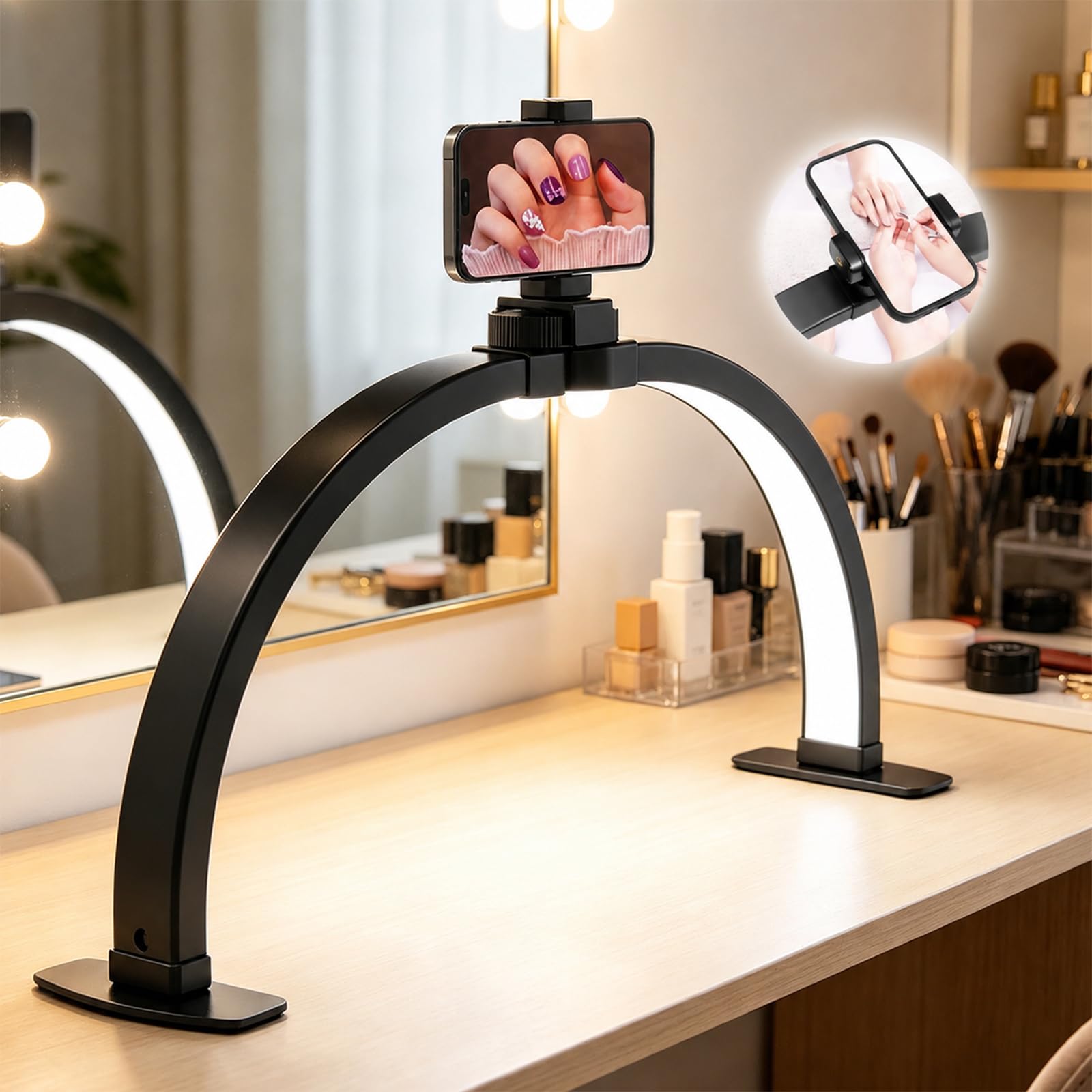 Professional Half Moon Light for Nail Desk, 30’’ Foldable Arch Nail Lamp with Phone Holder, High Brightness LED Light, 3 Color Modes & 10 Brightness Levels for Nail Tech, Lash Artist & Beauty Studio