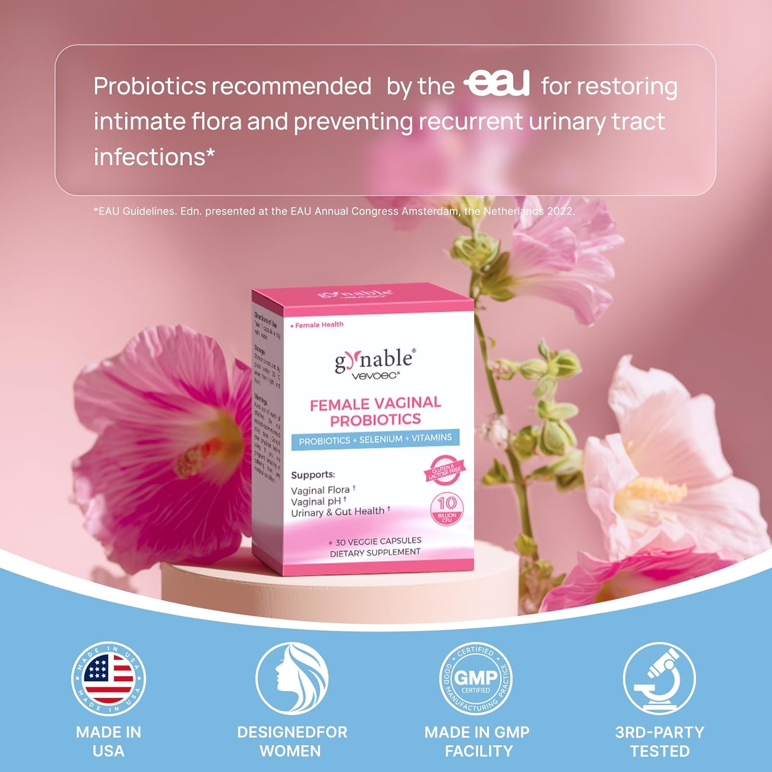 Gynable Vaginal Probiotics for Women Odor & Itch Support, Urinary | pH Balance, Female Probiotics 10 Billion CFU Lactobacillus Probiotics Blend,Selenium-Vitamin C/E/D3 Promote Immune Health, 30 Count - Image 6