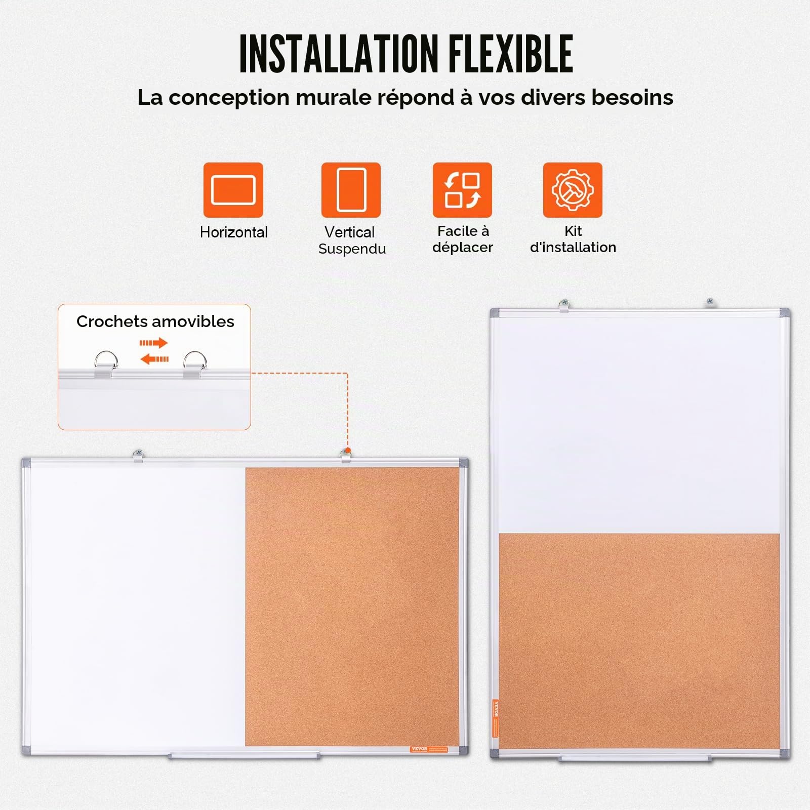 VEVOR Combo Tableau Blanc et Tableau en Liège 90x60 cm, Tableau d'Affichage Magnétique Effaçable à Sec, avec Cadre en Aluminium, Montage Mural, pour Épingler Mémo Notes Photos Bureau Maison École