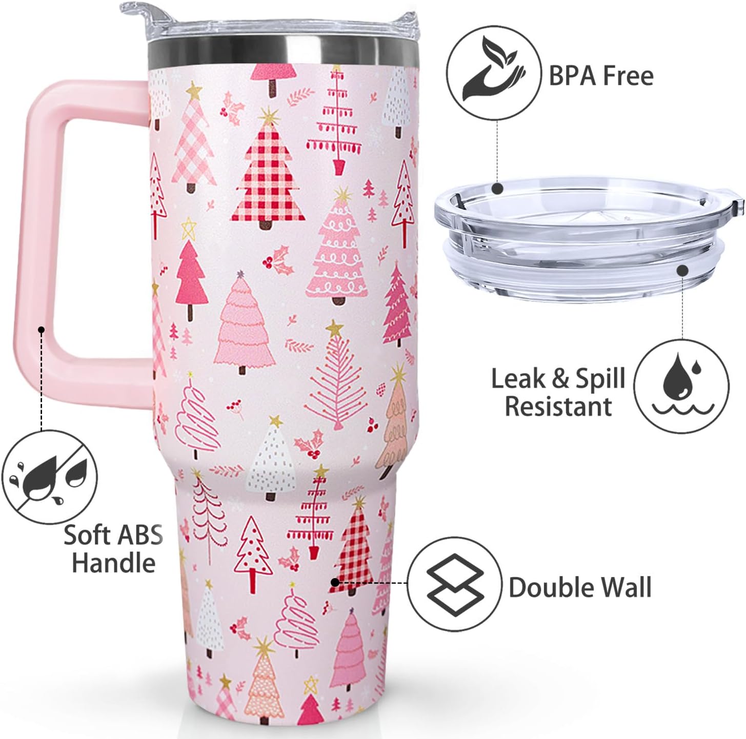 Ceovfoi 40 Oz Pink Christmas Tree Tumbler With Handle,Christmas Tree Coffee Travel Mug Cup,Christmas Decor,Christmas Gifts for Women - Image 4