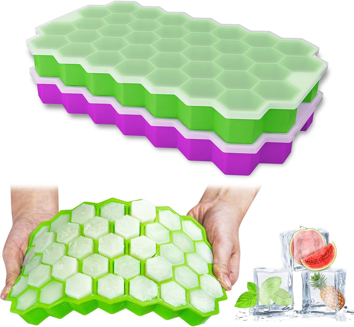 Ice Cube Trays, Ouddy 2 Pack Silicone Ice Cube Molds with Removable Lid, Totally 74-Ice Trays for Whiskey, Cocktail, Stackable Flexible - Green + Purple