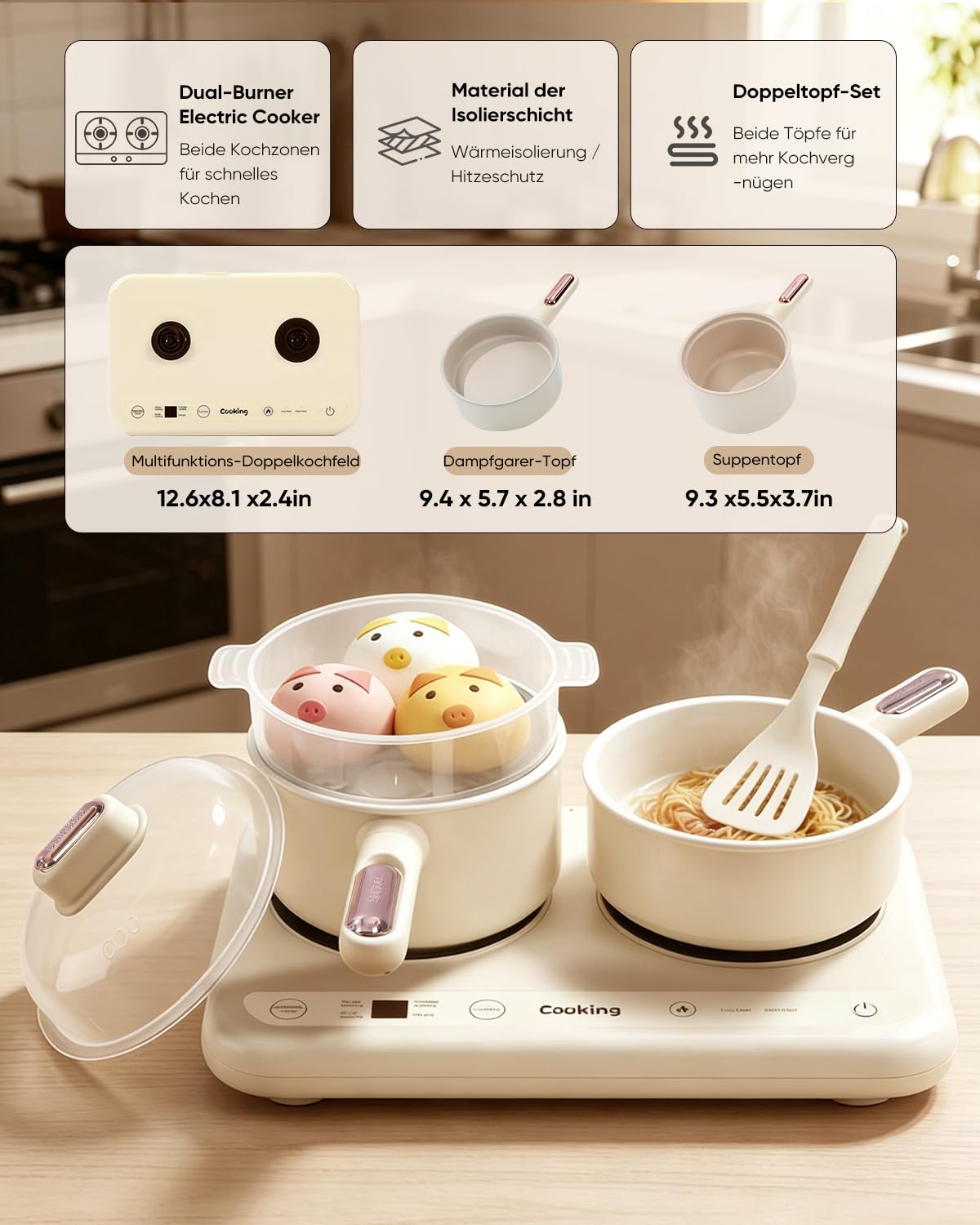 Hot Pot électrique à double plaque de cuisson - Mini multicuiseur électrique - Avec cuiseur vapeur et marmite à soupe - Compact, facile à nettoyer - Beige