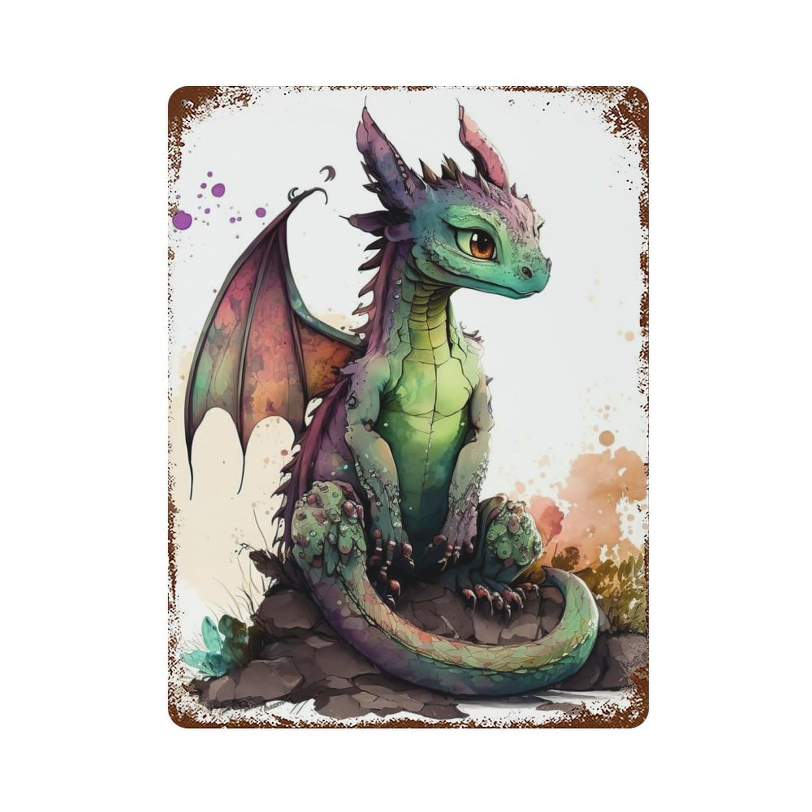 Watercolor Dragon Vintage Rust Metal Sign 15.7"x11.8", Ideal for Basement, Hobby Room And Garage Decor
