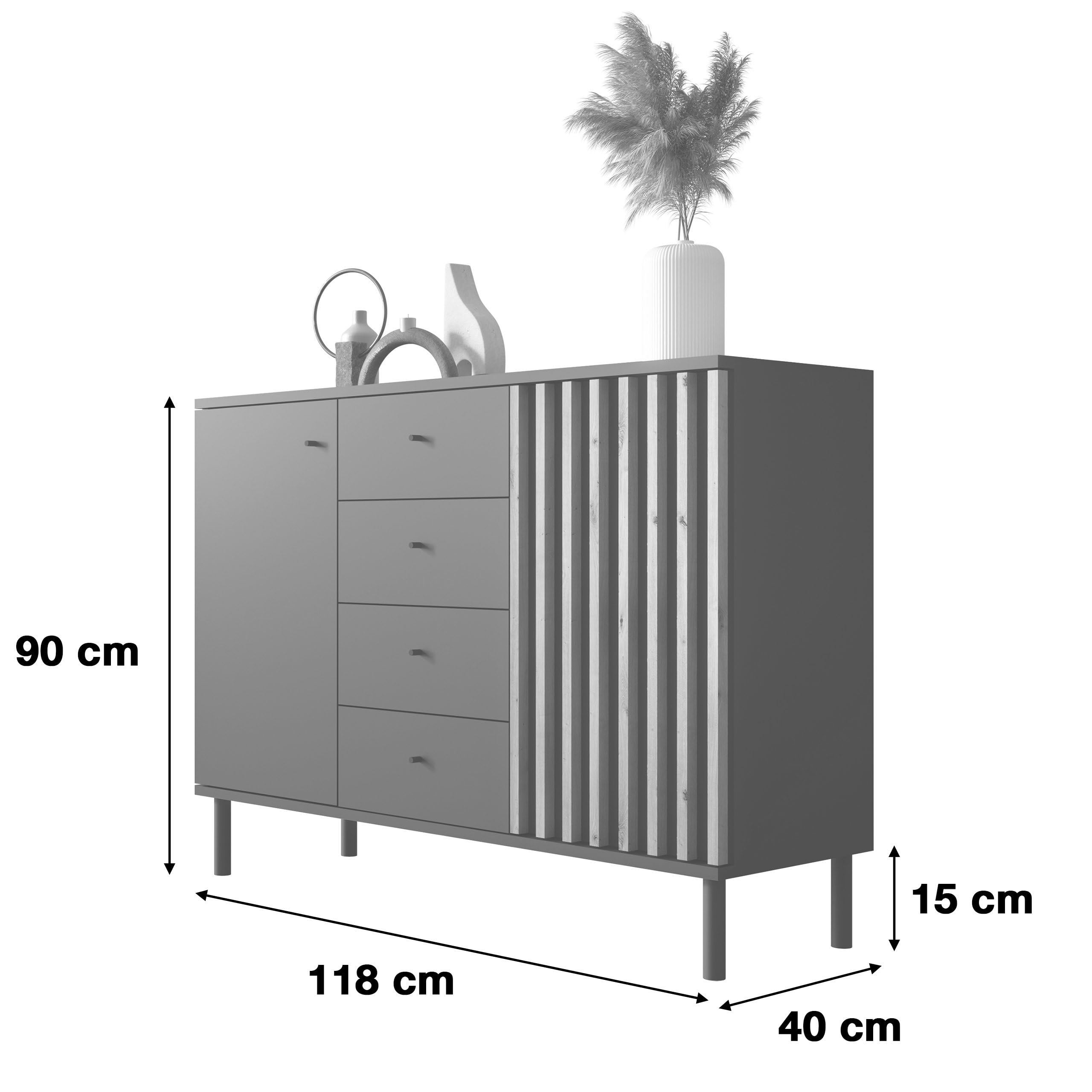 Newroom Kommode mit Schubladen Schwarz Wildeiche Sideboard Flur | Lamellenfront Vintage, 2 Türen und 4 Fächer, Anrichte Highboard modern, Metallbeine, Wohnzimmer Schlafzimmer