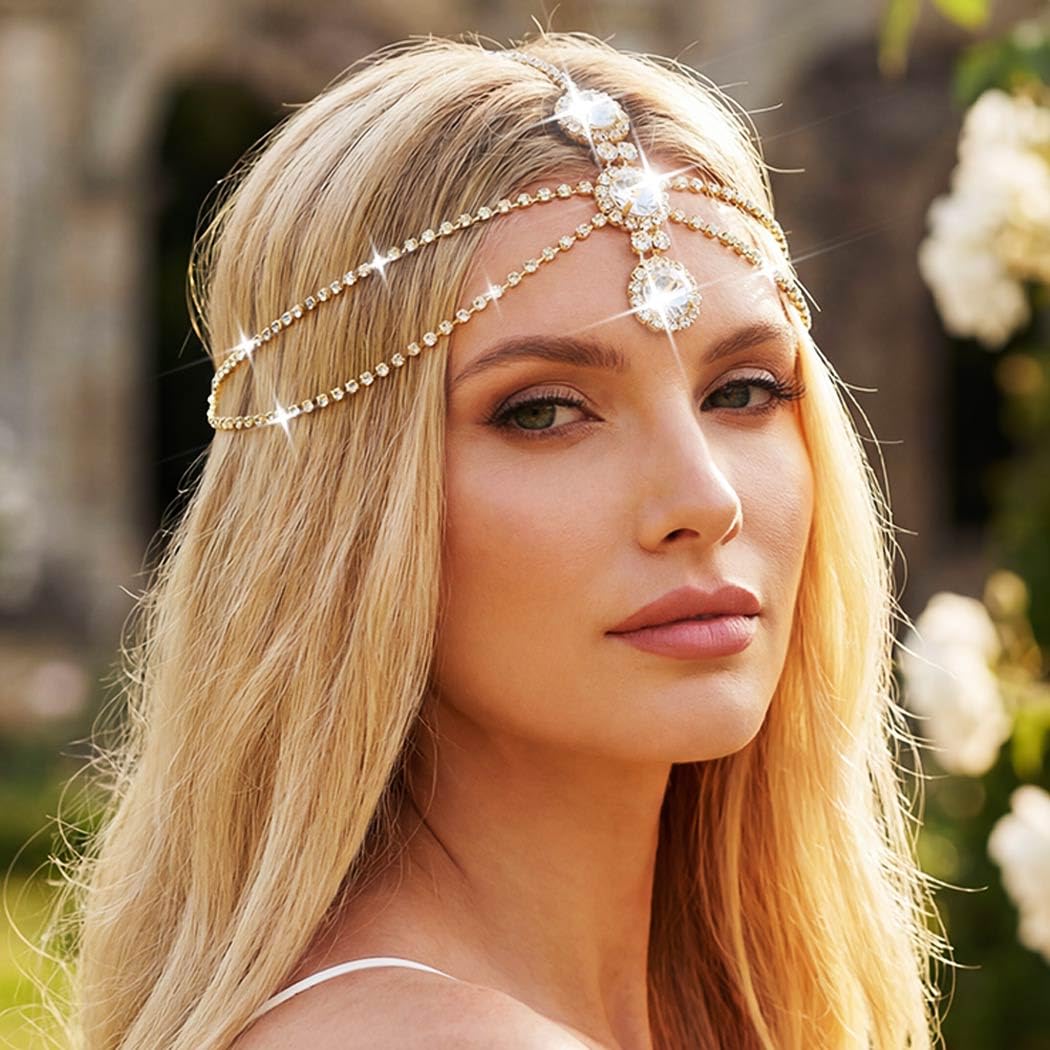 Catery Head Chain Jewelry Gold Rhinestone Headpiece Wedding Jewelry for Women