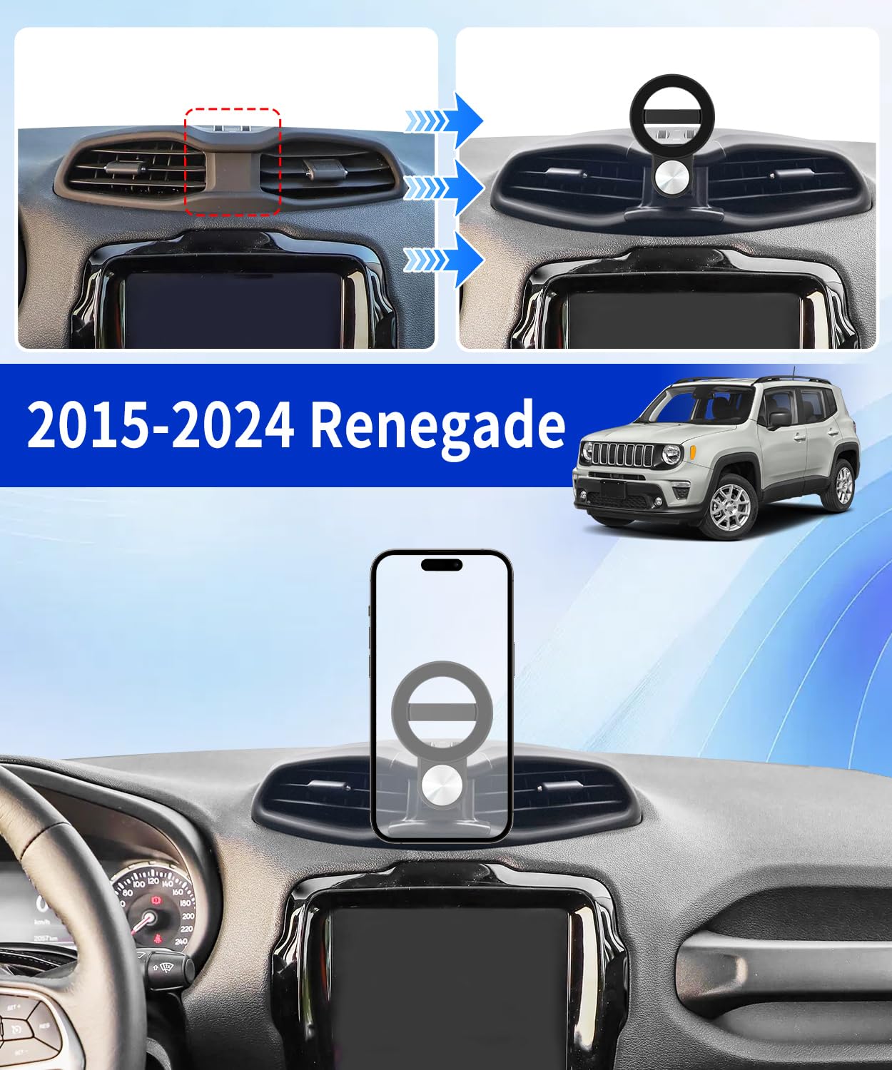 Samochodowy uchwyt na telefon do Jeep Renegade 2015-2024 akcesoria samochodowe, uchwyt na telefon komórkowy kompatybilny z MagSafe, obrót o 360°, bez użycia rąk, nie wpływa na odpowietrznik