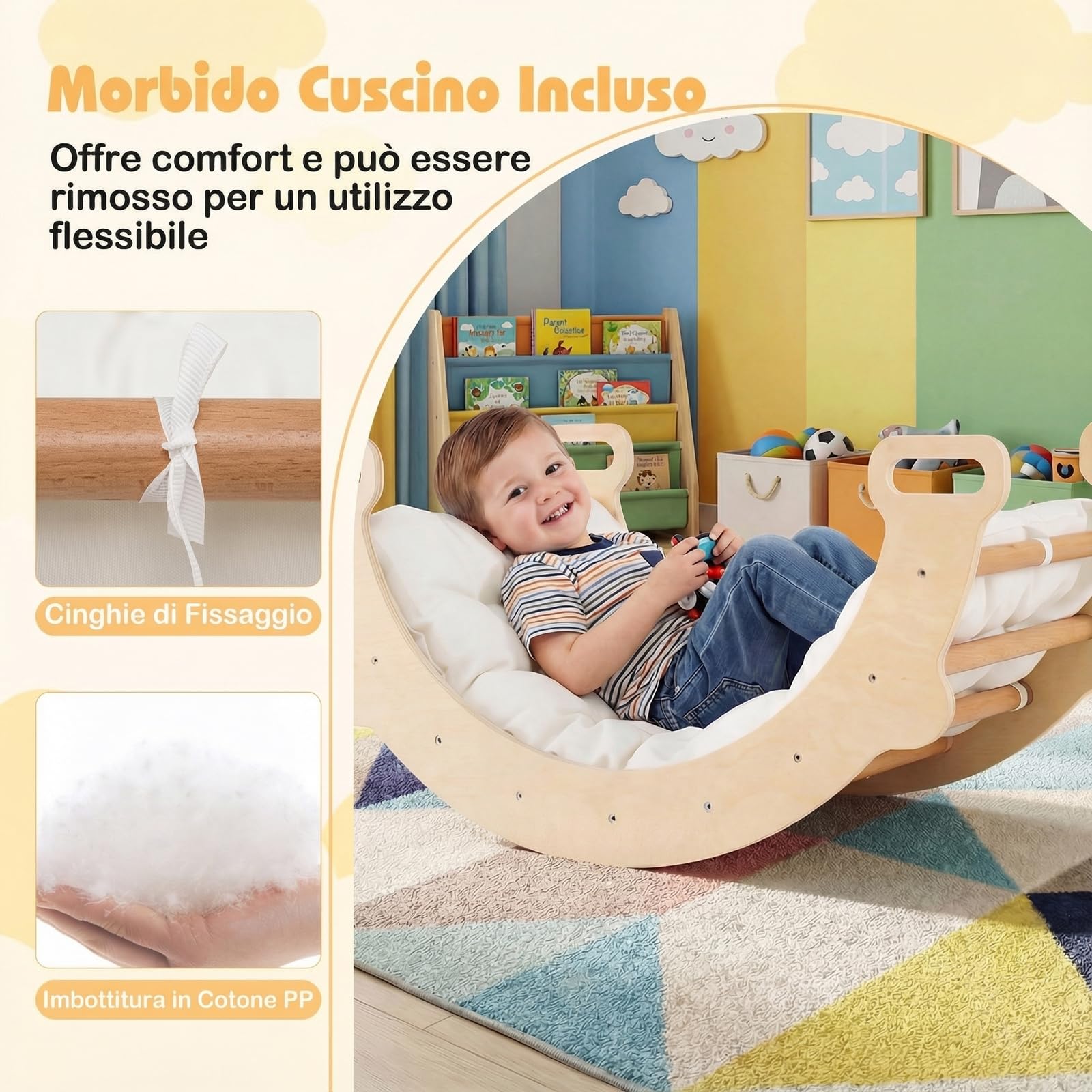 RELAX4LIFE 3 in 1 Arco da Arrampicata per Bambini con Cuscino Morbido, Triangolo da Arrampicata in Legno, Tunnel per Gattonare, Altalena da Interno per Bambini 1+ Anno, 81 x 50,5 x 38 cm (Naturale)