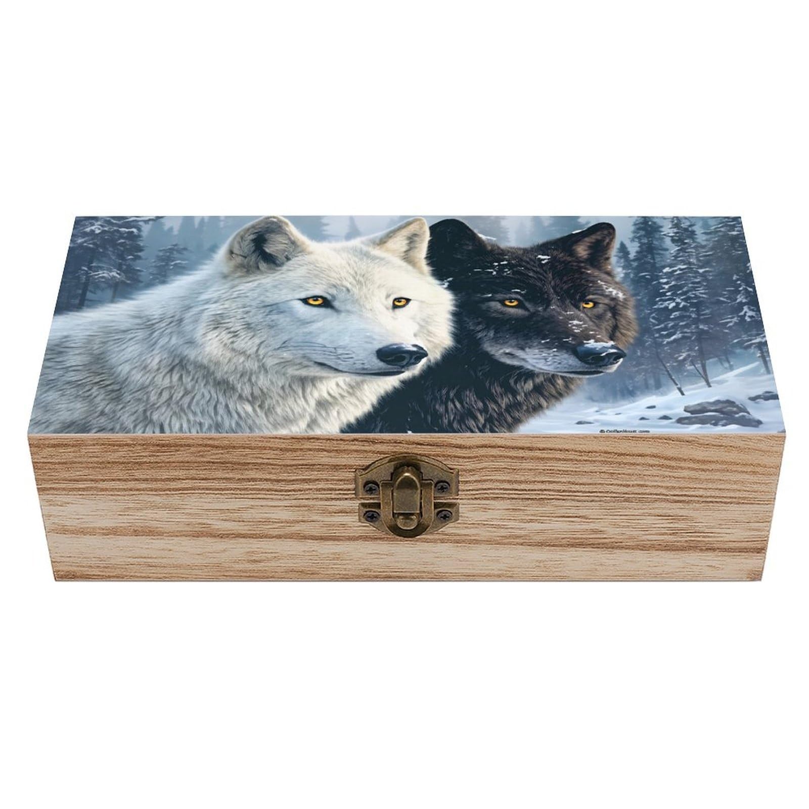 SMAZDFXX White And Black Wolves In Snowy Wooden Keepsake Box Vintage Solid Wood with Hinged Lid 7.9"×3.7"×2.3" Metal Latch Rustic Home Decor for Jewelry Photos And Trinkets