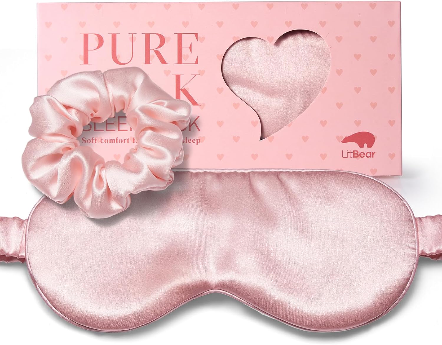 LitBear 100% Pure Silk Sleep Mask, 22 Momme 6A Mulberry Silk Fabric and Filling, Total Light Blocking Eye Mask Sleeping for Women, Men, Side Sleepers, Includes Travel Pouch and Scrunchie