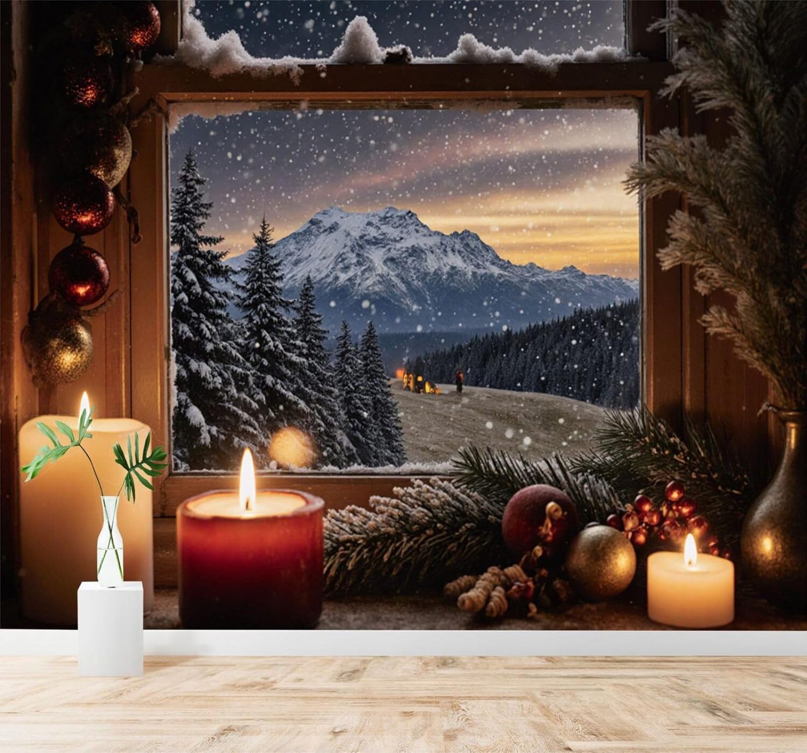 Tzxztt Cosy Winter Scene Snow Capped Mountains Candles Pine Forest Modern 3D Wallpaper Premium Textured Silk Neutral Tones Material Ideal for Living Room Bedroom-250cm×170cm