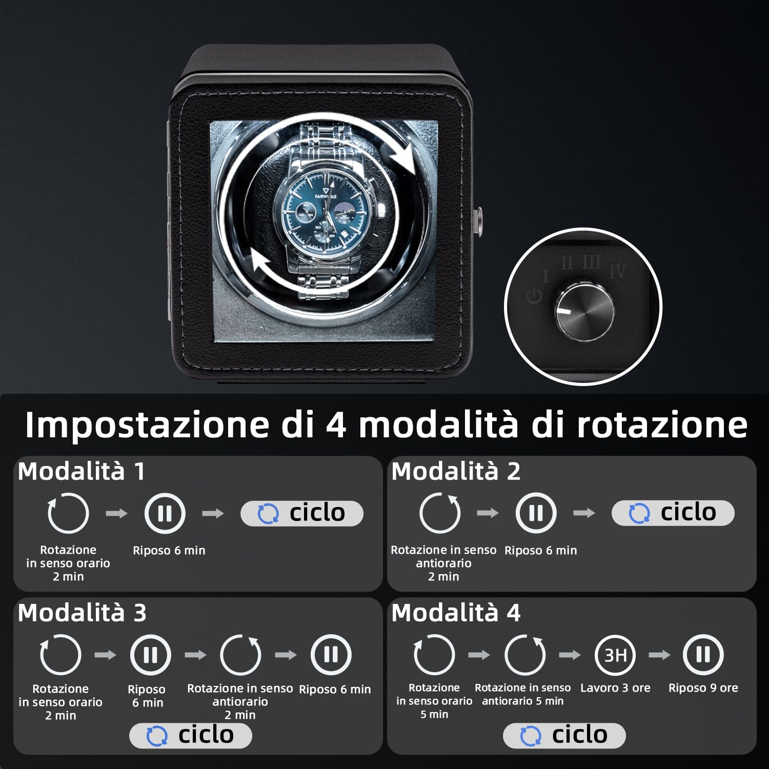 Mcbazel Carica Orologi Automatico Rotante, Elegante Scatola Carica Orologi Automatica Singola con Motore Silenzioso, 4 Modalità di Rotazione, Scatola Rettangolare in Pelle PU con Luce LED – Nero