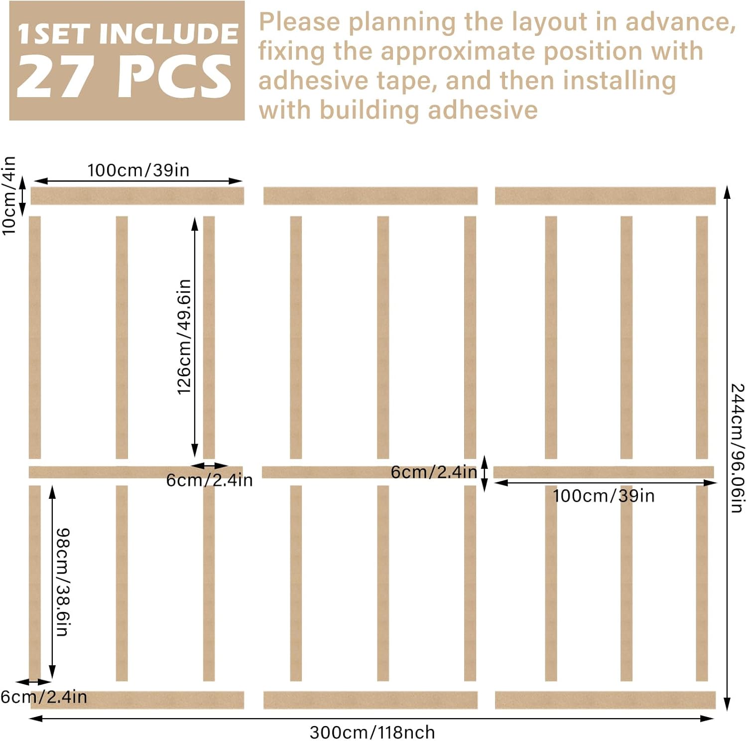 Weysat 1 Set 118.11 x 96.06 Inch Mdf Board and Wall Panel Kit Premade Wainscoting Panels Decorative Wall Molding Trim Slats Paintable Accent Kit for DIY Home Bedroom Living Room Decor