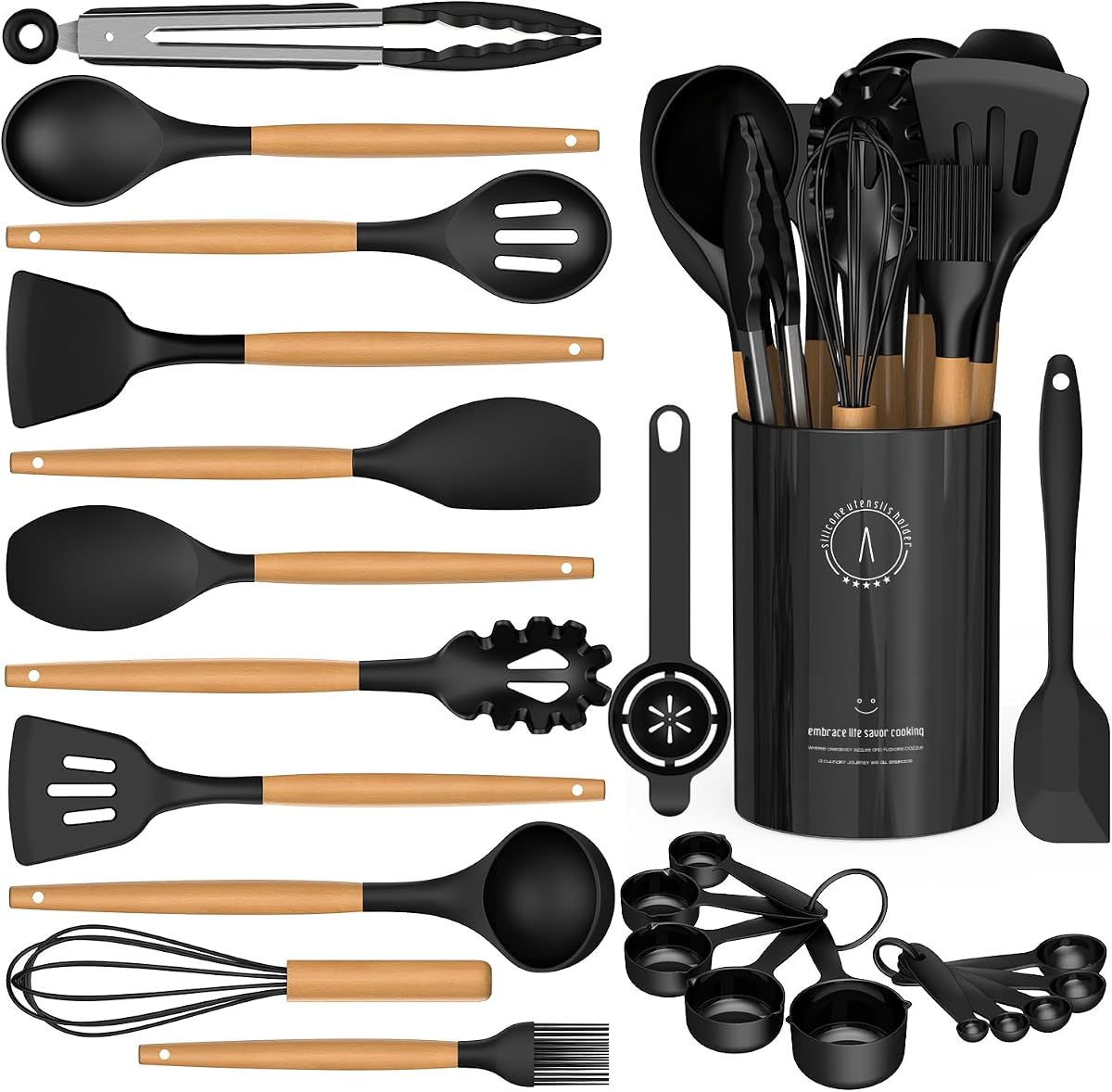 Juego de utensilios de cocina de silicona - AVGPD Utensilios de cocina de silicona para cocinar mangos de madera, juegos de espátulas de utensilios de cocina resistentes al calor de 446 °F, gadgets para utensilios de cocina antiadherentes SIN BPA (negro)