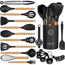 Silicone Cooking Utensils Set - AVGPD Silicone Kitchen Utensils for Cooking Wooden Handles, 446&deg;F Heat Resistant Kitchen Utensil Spatula Sets, Gadgets for Non-Stick Cookware BPA FREE (Black)
