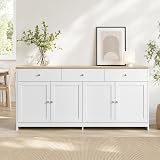 Poeahu Credenza Soggiorno bianca e legno 160 cm, Credenza Cucina con 4 ante e 3 cassetti Armadio di Archiviazione Madia Soggiorno Moderna Mobili Cucina per Soggiorno Sala da Pranzo - 1