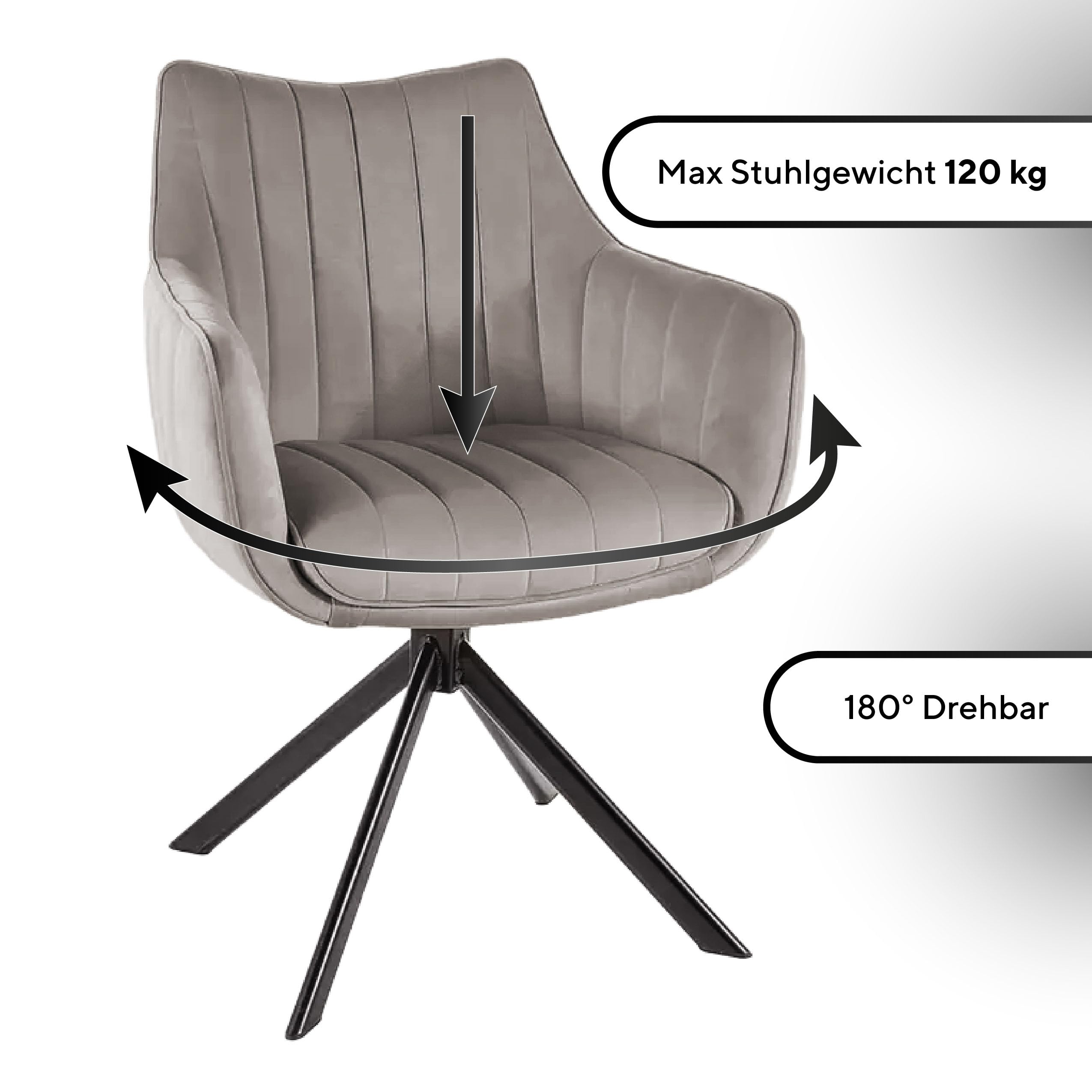 Azalia, Esszimmerstühle, Esszimmerstuhl oder Wohnzimmerstuhl, Sessel, Samt, 180° Drehbar, Armlehne, Metallbeine, 120 kg Belastbar, Kratzfest, Dunkelbeige