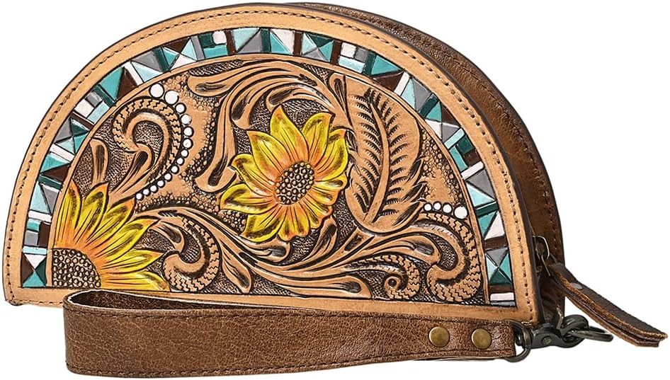 American Darling Hand-Tooled Genuine Leather Taco Bag – Floral Carved Western Wristlet with Secure Storage – Premium Artisan Craftsmanship